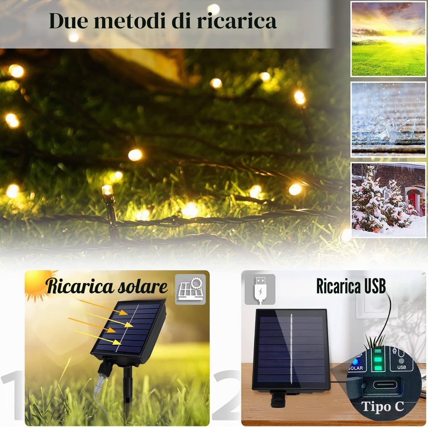 FIVMEN Catena di luci solari per esterni, 100 m, 1000 LED, per esterni, resistente alle intemperie, impermeabile, IP44, con pannello solare e USB, decorazione natalizia, illuminazione per esterni
