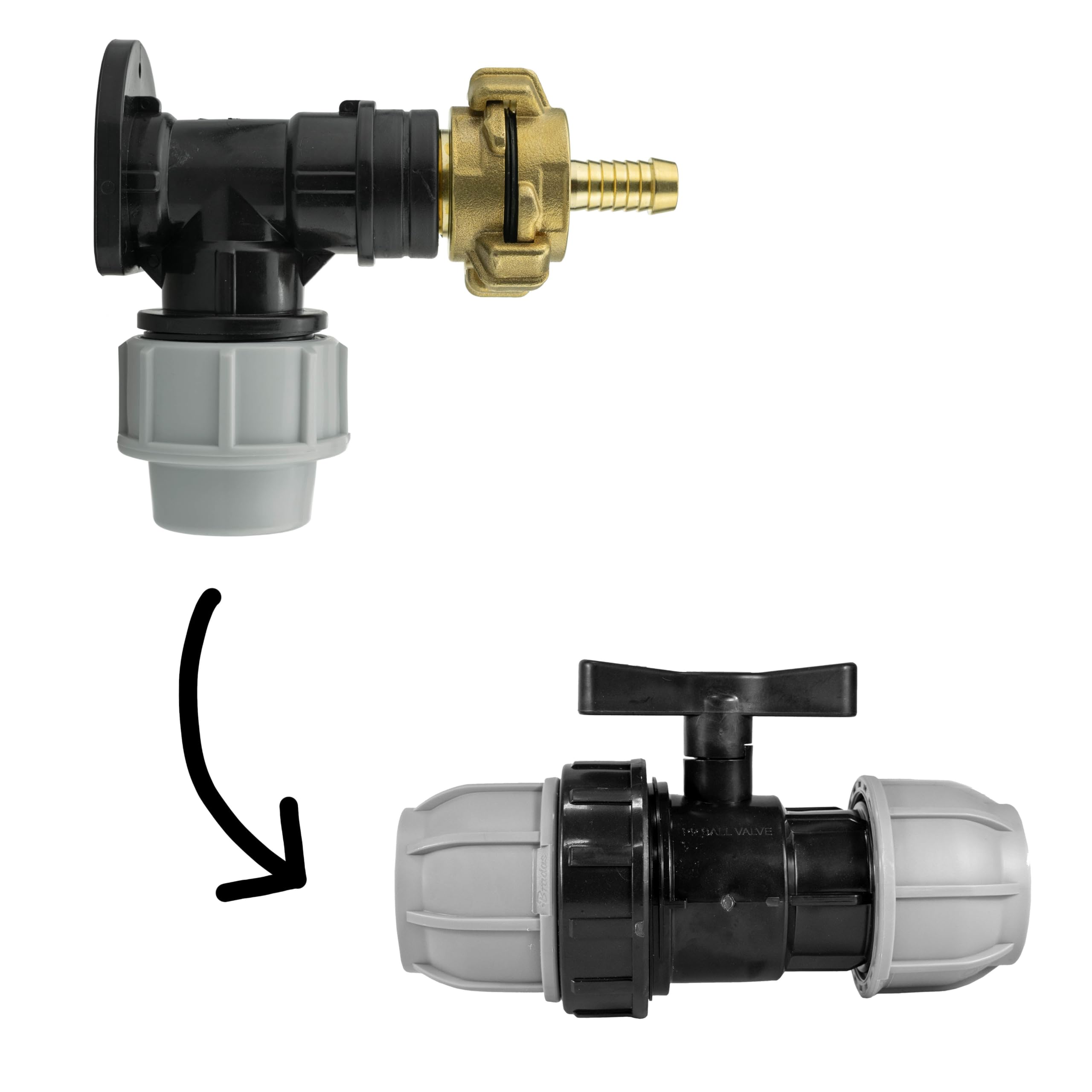 Clothing Estates Men's Black / Grey / Brass 25Mm Mdpe Wall Flange Kit With 25Mm Valve And 13Mm Barbed And 3/4" Bsp Geka Connectors