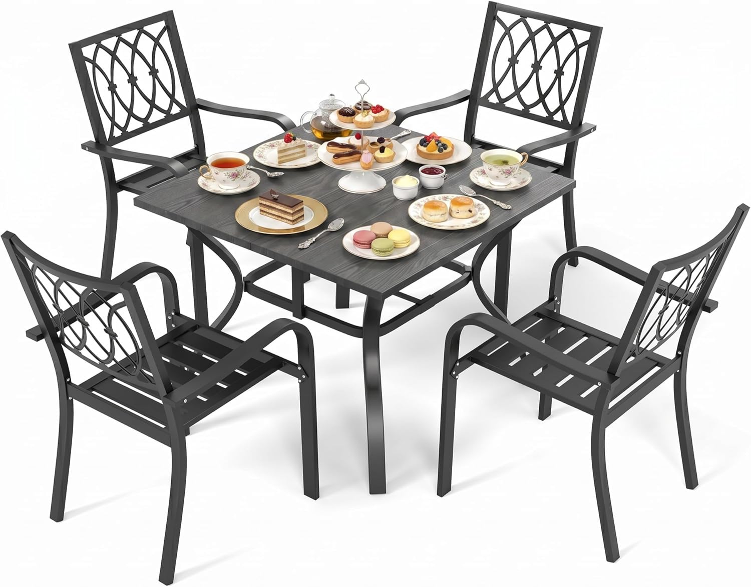 5 Piece Outdoor Patio Dining Set, 37.8 Inch Square Wood Grain Metal Table with Umbrella Hole,All Weather Rustproof Patio Furniture for Garden Lawn Backyard