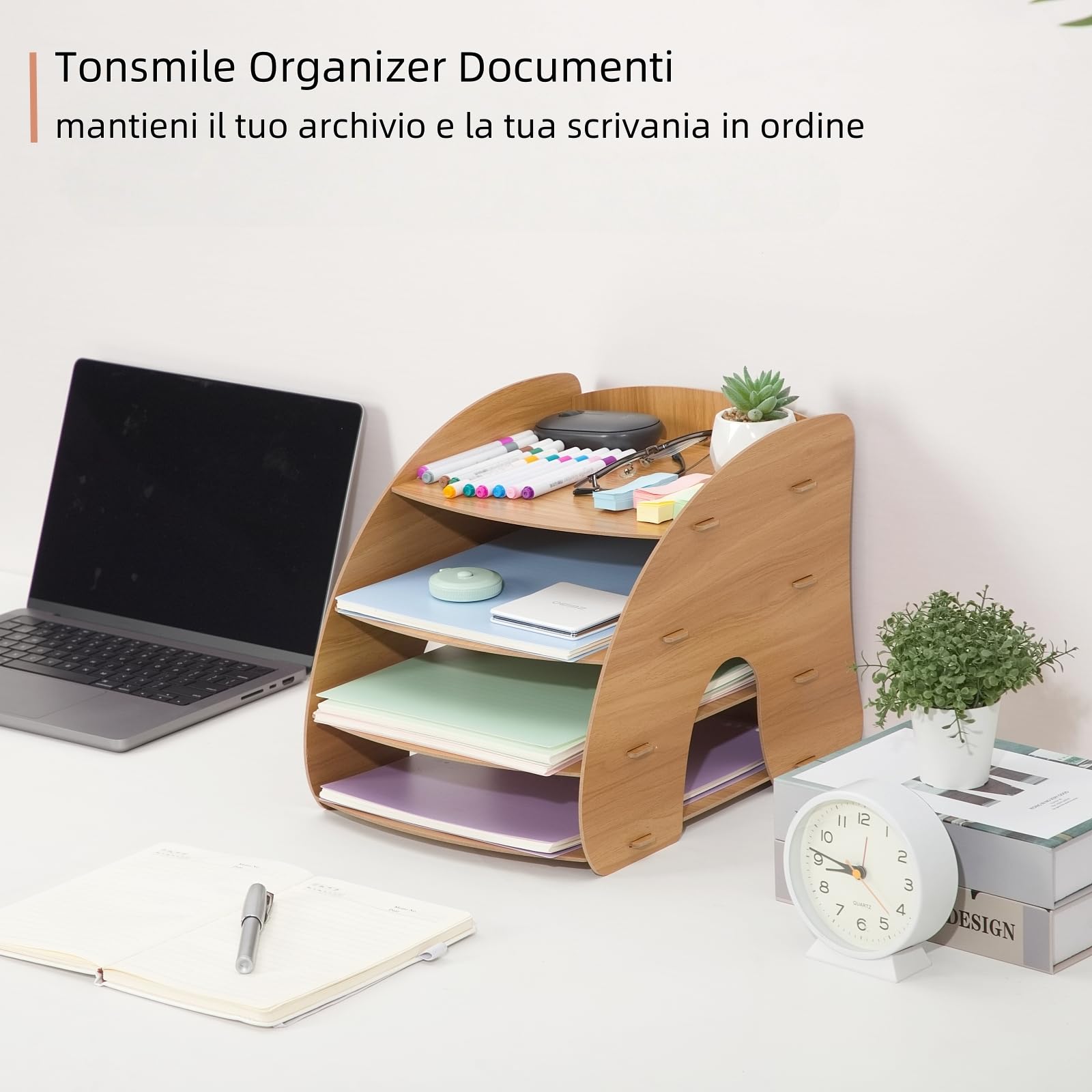 Tonsmile Organizer da Scrivania 4 Livelli, Portadocumenti in Legno MDF per A4, Organizzatore Documenti per Ufficio