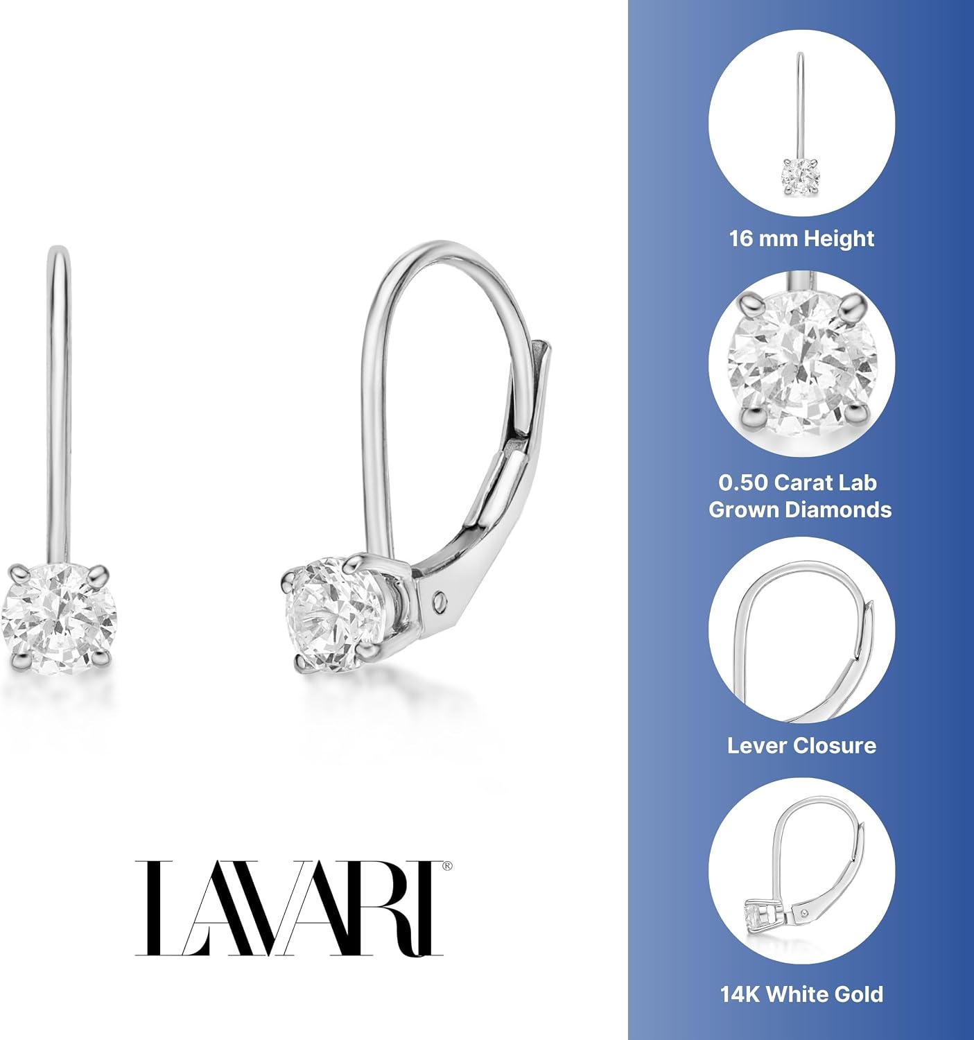 1/4 to 1 Carat Lab Grown Diamond Dangle Earrings for Women in 14k White Gold (G-H, VS2-SI1, cttw) Lever Back by Lavari Jewelers