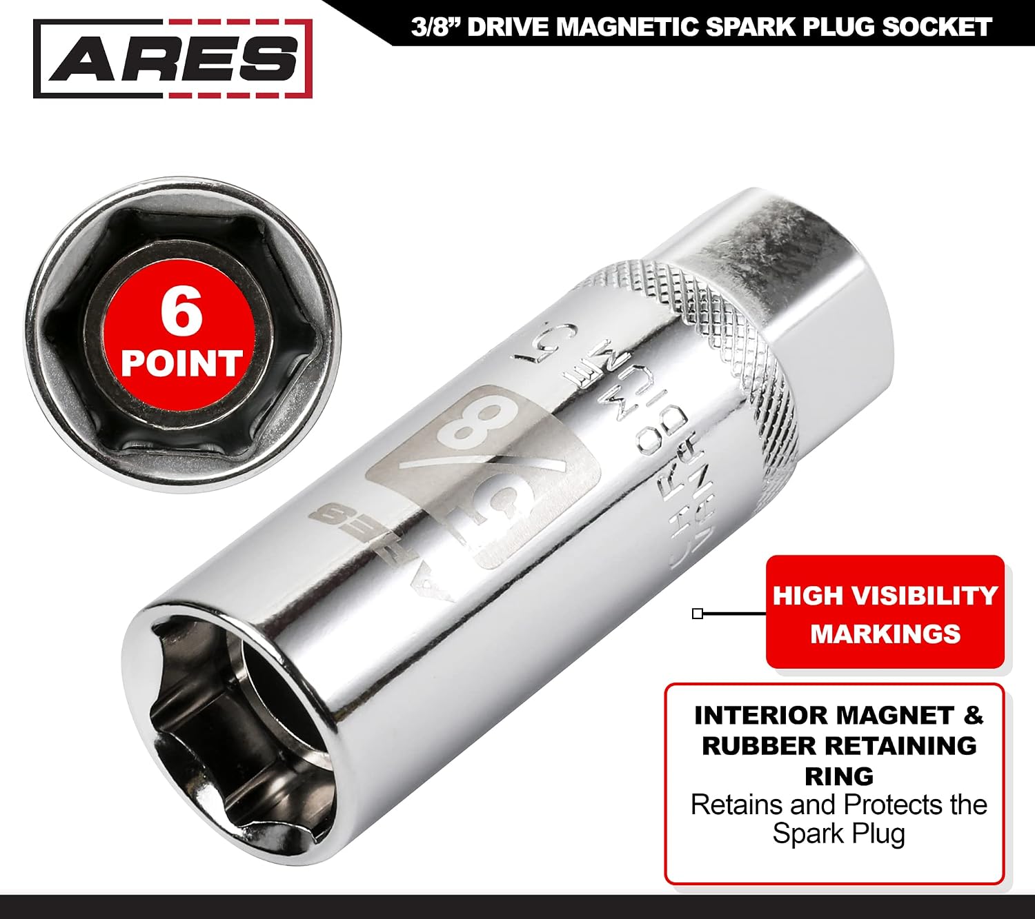 ARES 11020-5/8-inch 3/8-inch Drive Magnetic Spark Plug Socket - Powerful Magnet Retains Spark Plugs - Heat Treated Chrome Vanadium Steel - High Visibility Markings