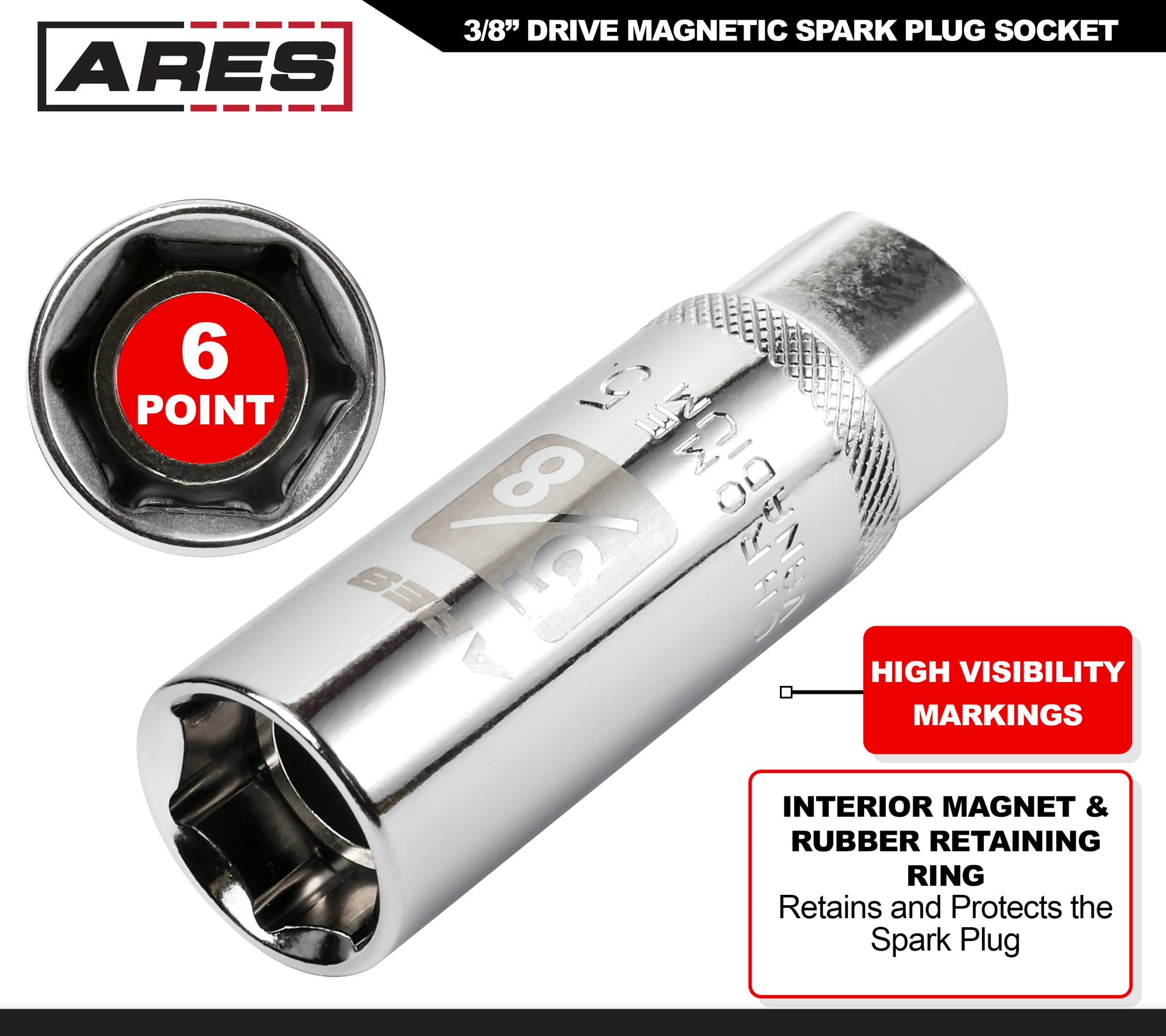 ARES 11020 Magnetischer Zündkerzensteckschlüssel, 1,6 cm (5/8 Zoll), 0,95 cm (3/8 Zoll), starker Magnet hält Zündkerzen, wärmebehandelter Chrom-Vanadium-Stahl, hohe Sichtbarkeitskennzeichnungen