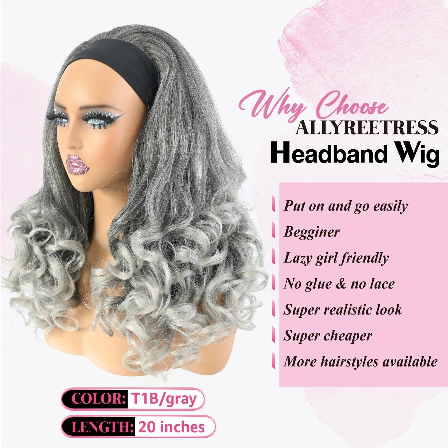 Yaki Straight Headband Wig with Curly Ends for Black Women,Synthetic Glueless Wear and Go Headband Wig,Natural Yaki Texture,20 Inch(Salt and Pepper Gray)