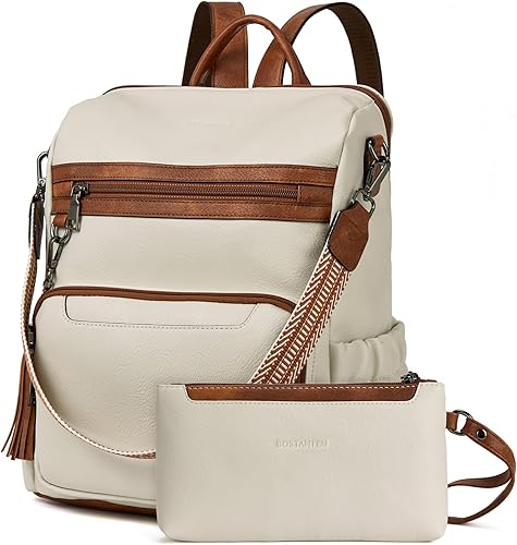 BOSTANTEN Mochila para mujer, diseño de moda, mochila de viaje de cuero, bolsa de hombro casual convertible, 0-beige&marrón, Mochilas de viaje