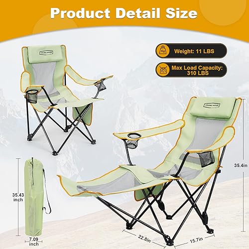 Miniatura 2 de YOUNG WOOD Silla de camping reclinable, portátil con reposapiés, silla de camping plegable para adultos, reposacabezas y bolsa de almacenamiento,