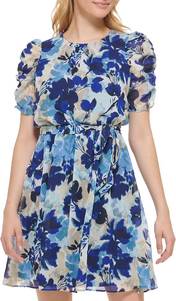 Jessica Howard Women's Petite Floral Puff Sleeve Mini Shirt Dress in