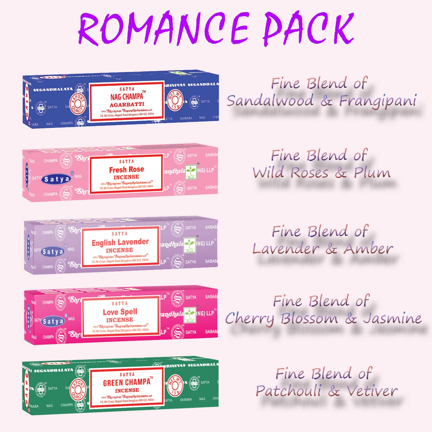 Satya Nag Champa Incense Sticks – 5 Pack Variety | Hand-Rolled Natural Agarbatti | All-Natural Scented Incense for Meditation, Yoga & Relaxation (Romance)