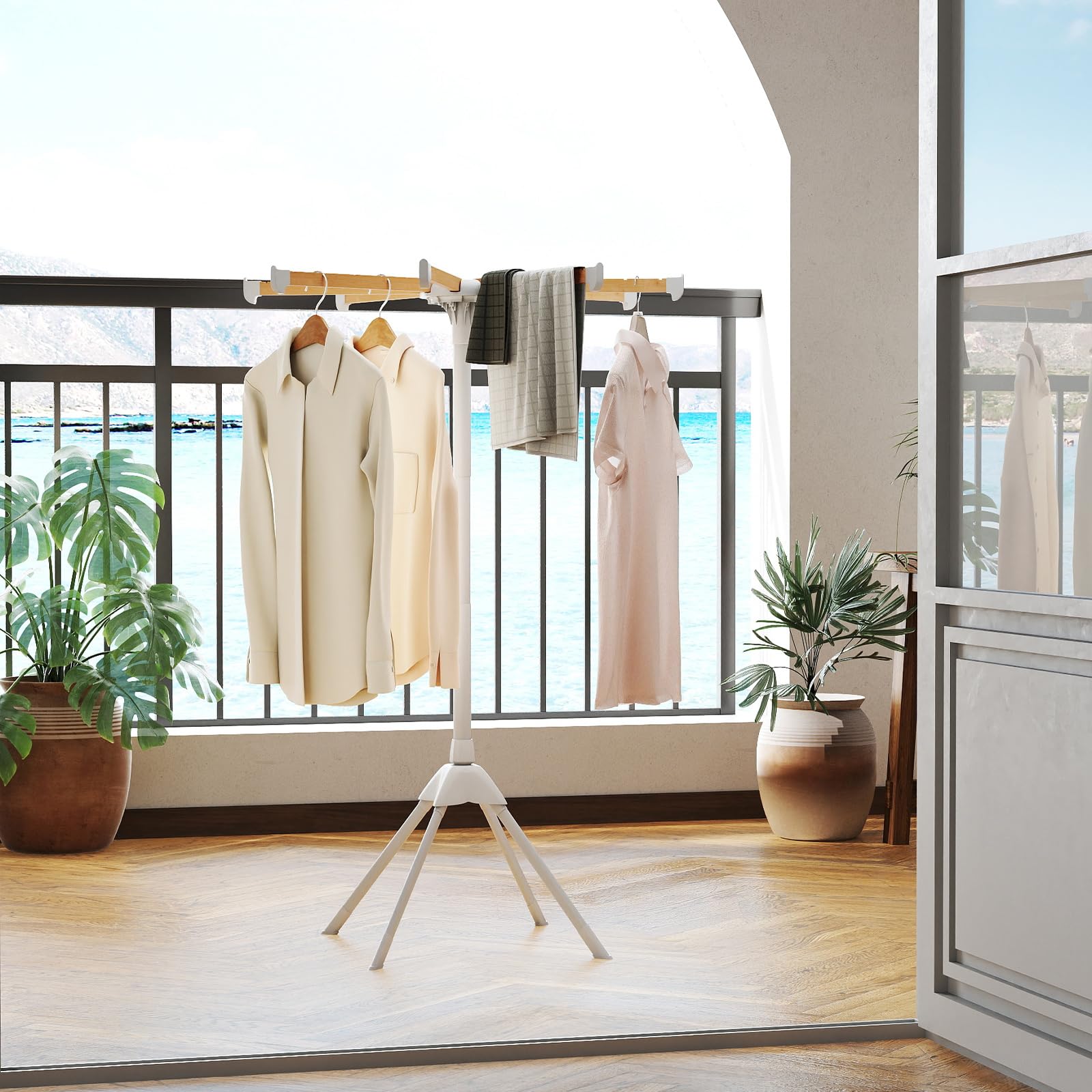 COSTWAY Tendedero Plegable de 4 Patas, Tendedero de Ropa con 8 Barras de Bambú, 40 Ranuras para Perchas y Estructura Metálica Resistente, Drying Rack Interior Exterior