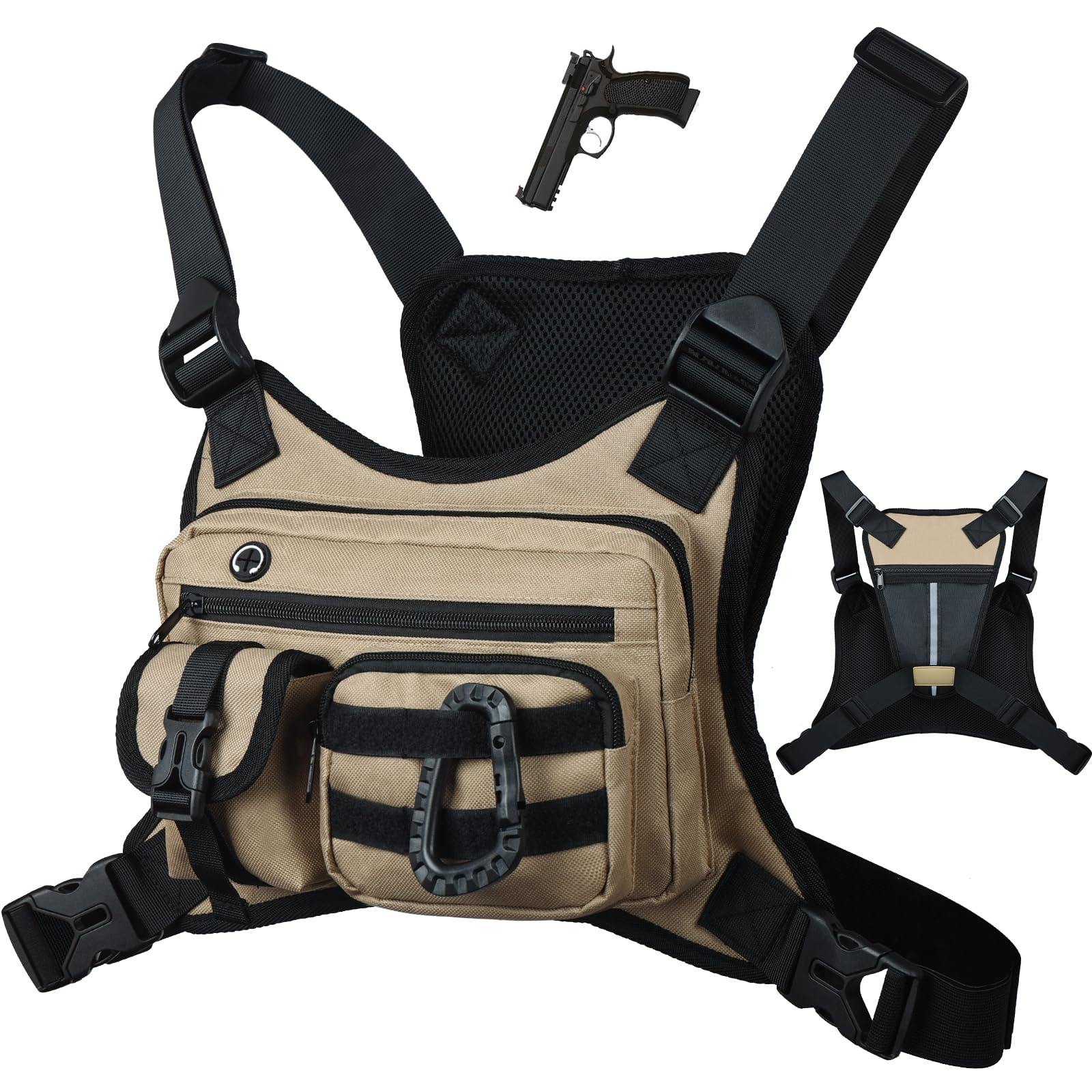 Outplea Tactical Running Chest Bag, Breathable Mesh EDC Running Vest with Phone Holder, Water Resistant Chest Rig for Trail Running Marathon Cycling, Khaki — image 1