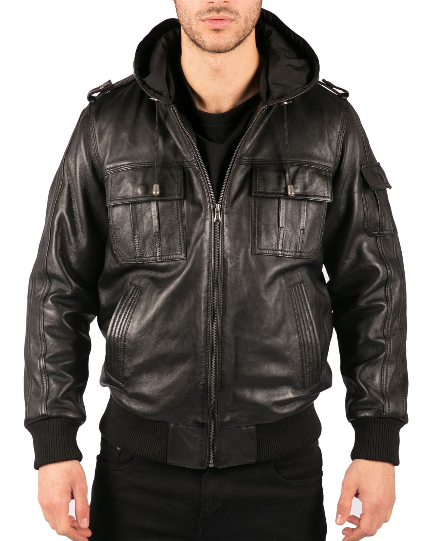 Truclothing Men's Black Bomber Jacket Outwear Windproof Winter Real Leather Jackets Coat Hood - L