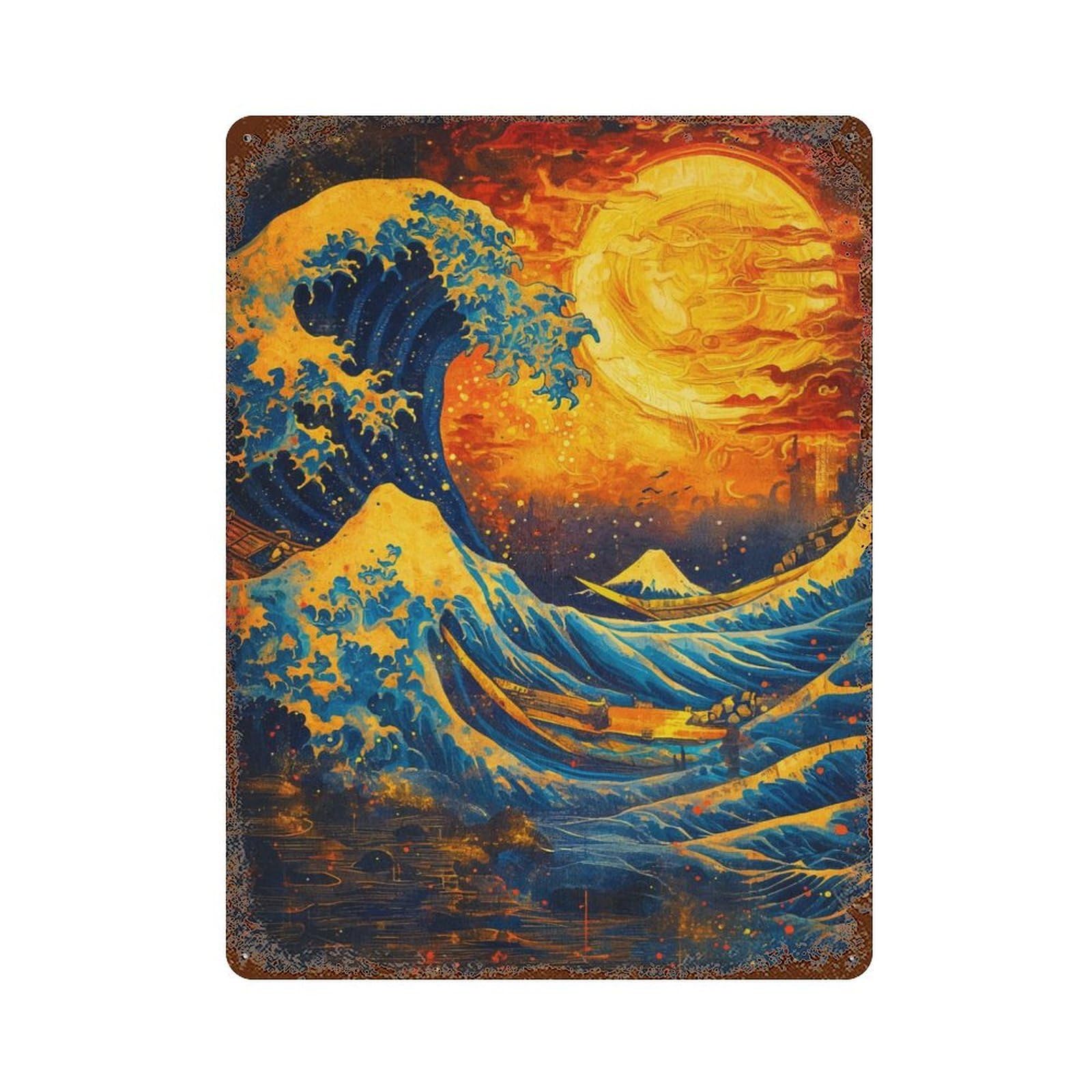 Starry Night Wave Japan Distressed Metal Wall Sign 15.7"x11.8", Ideal for Cafe, Home Bar And Lounge Decor