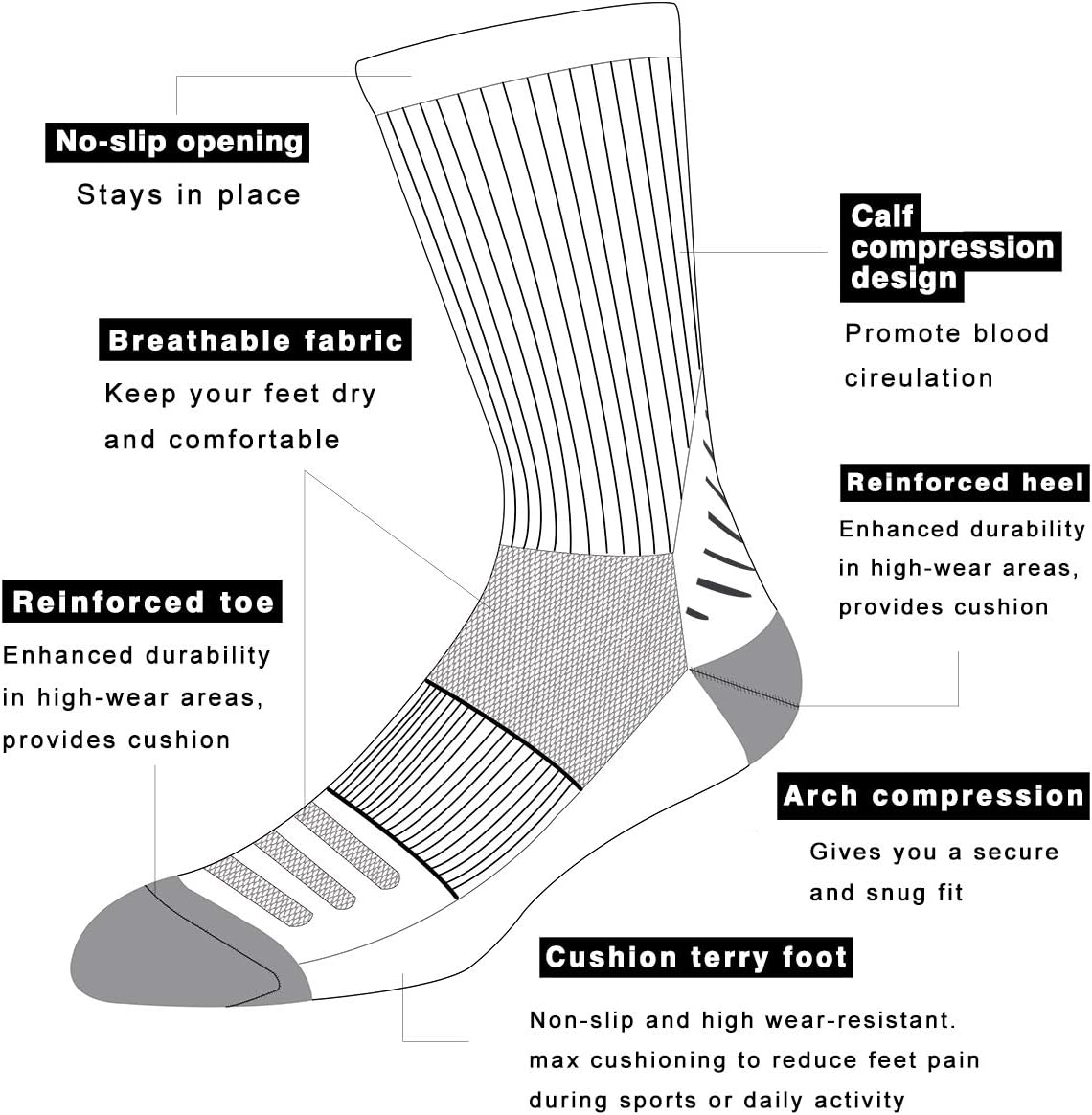 COOVAN Men's 6P-Pack Premium Athletic Crew Socks Men Thick Cushion Casual Work Sock With Moisture Wicking - Image 2