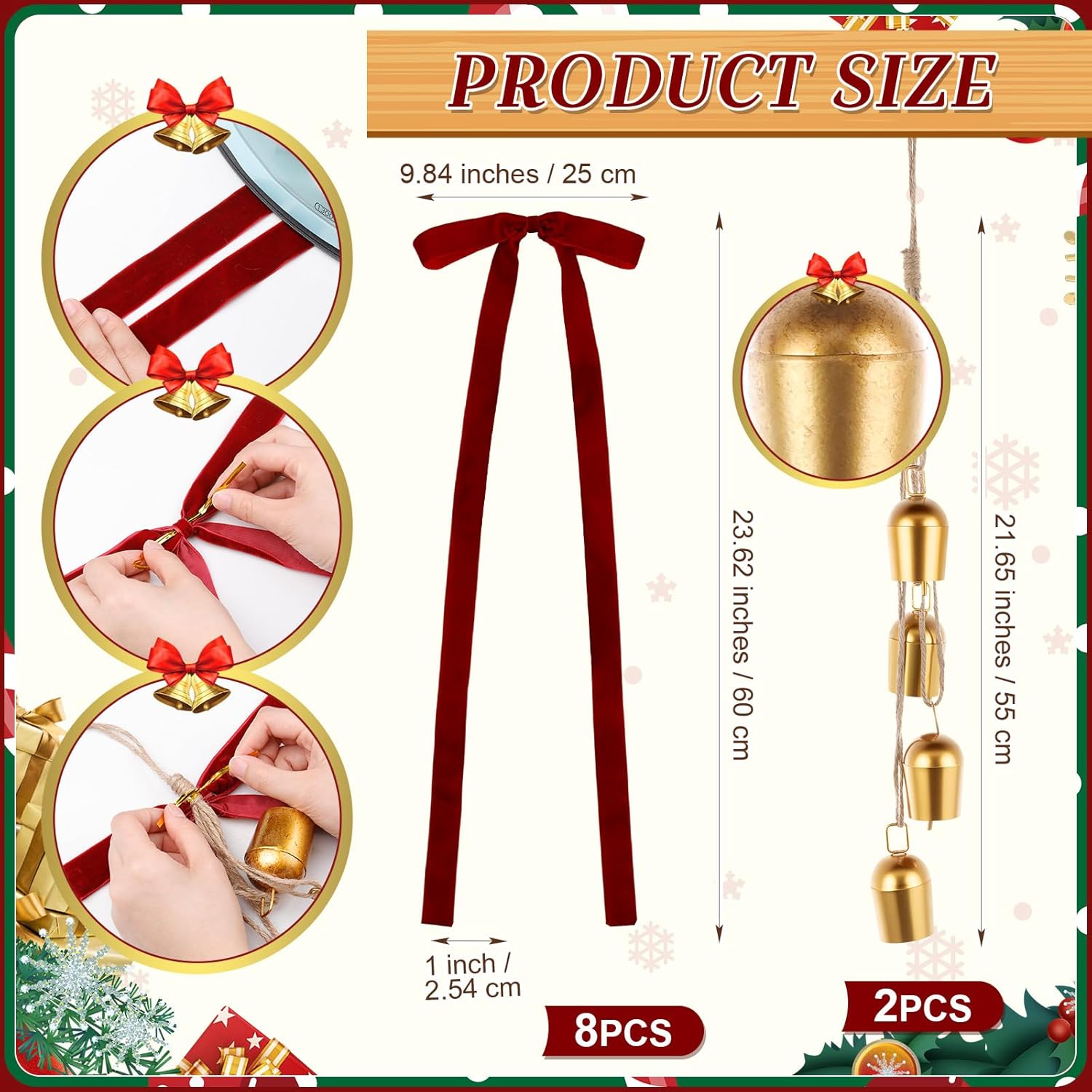 2 Pcs Christmas Cow Bells with 8 Pcs Burgundy Velvet Christmas Bows Vintage Rustic Gold Bell with Velvet Ribbon Bows for Xmas Tree Wall Home Wedding Decor Wreath Garland Garden Indoor Outdoor