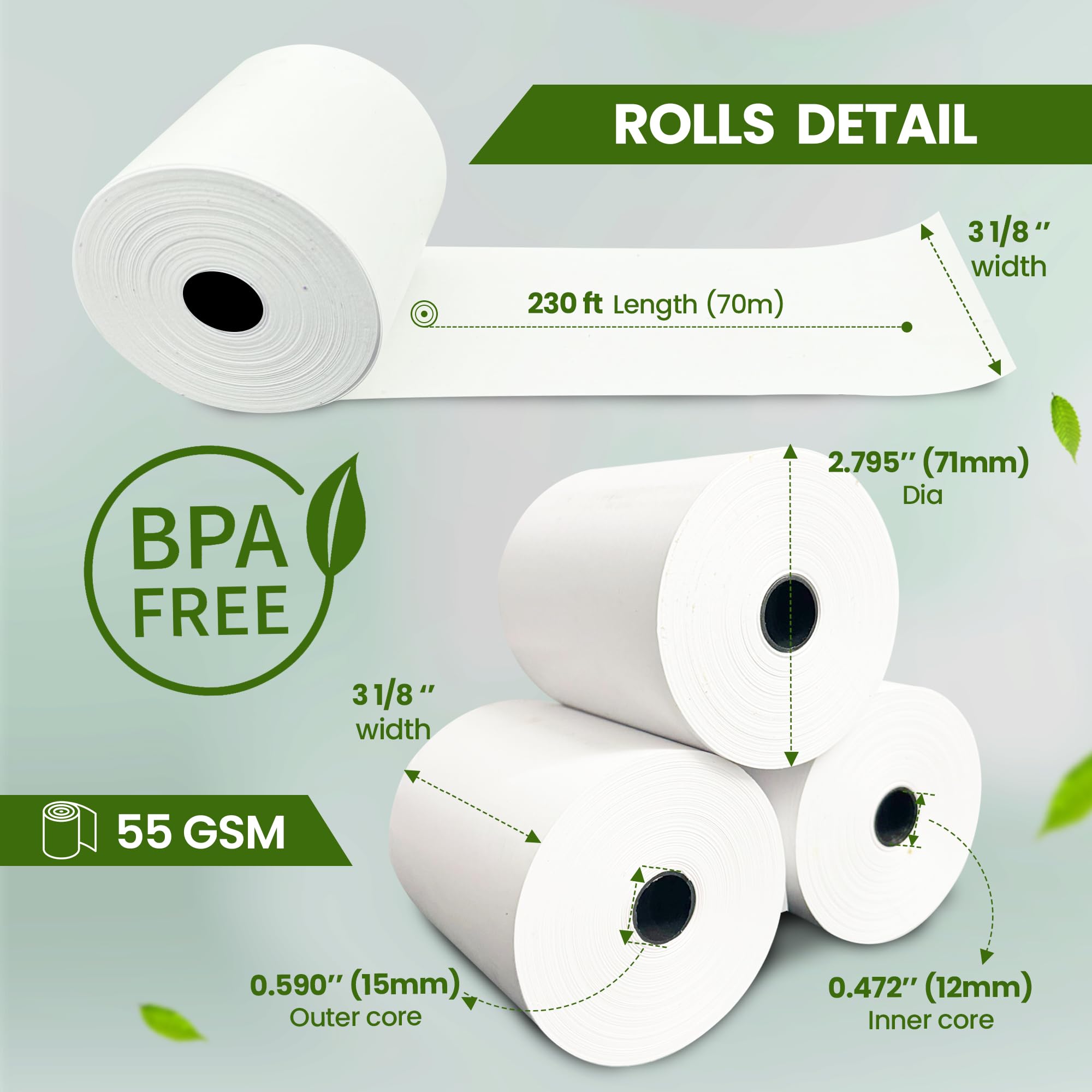 Rollos de papel térmico para recibos de 3 1/8 x 230 pies (paquete de 32) 55 GSM, compatible con todos los sistemas POS, cajas registradoras, sin BPA, rollos de papel de recibo de alta calidad