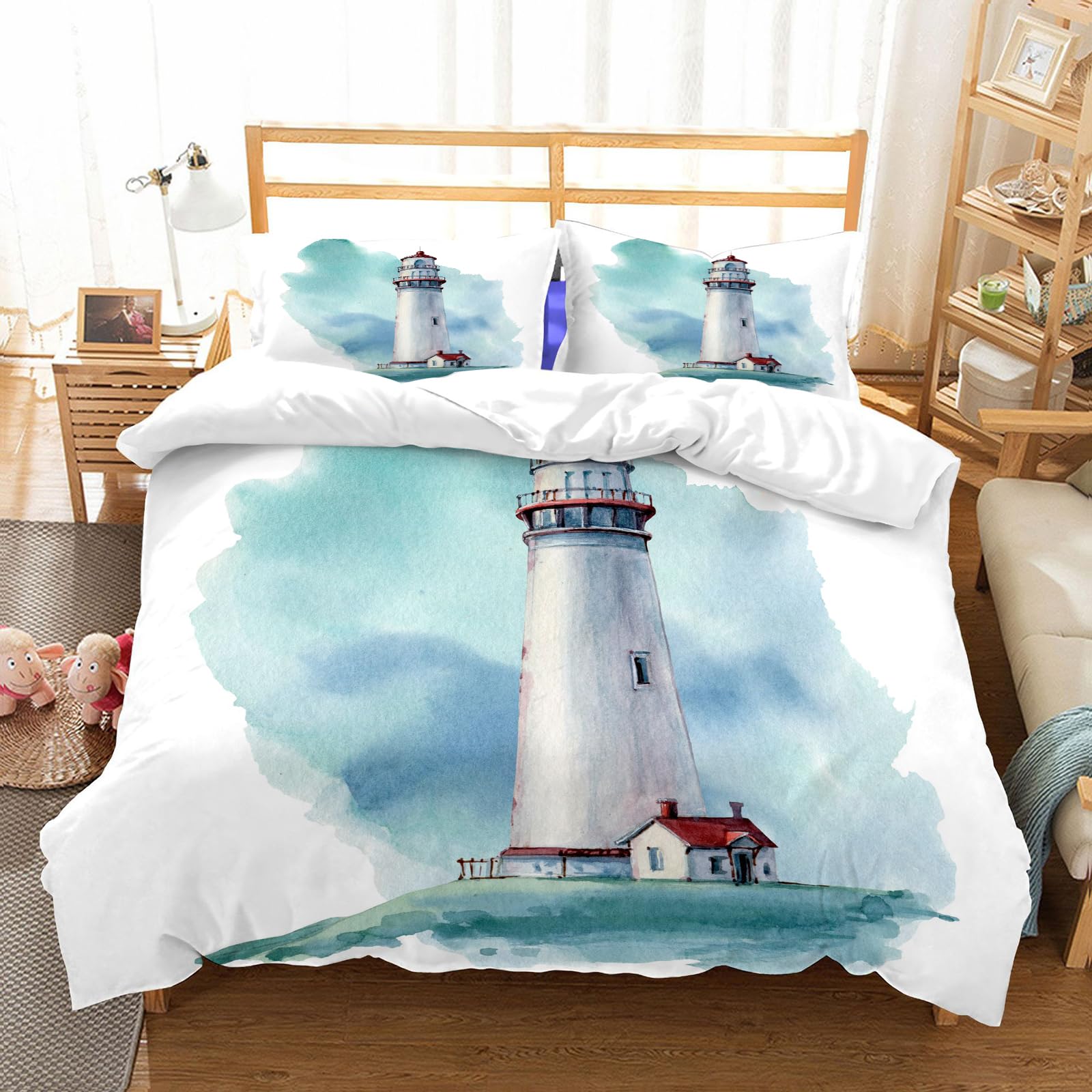 Parure de lit phare aquarelle pour s'endormir face à la mer en microfibre douce