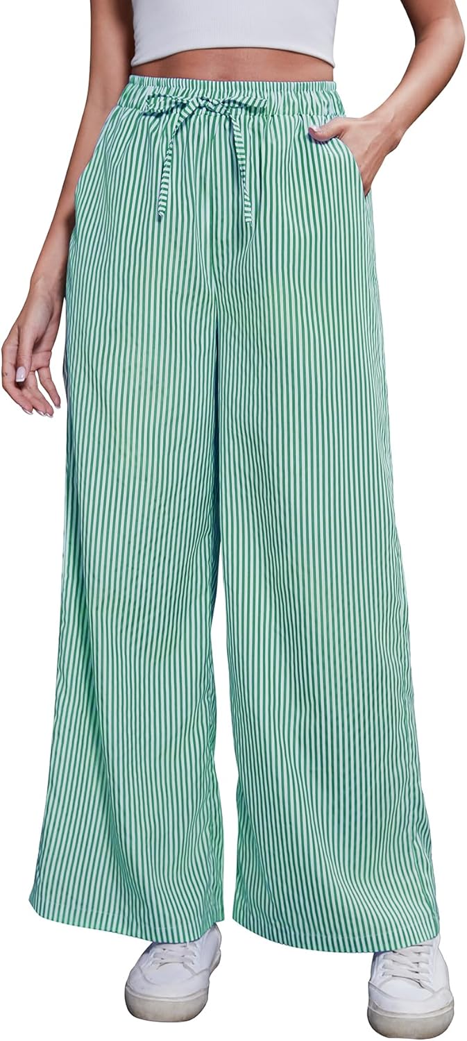 Scacto Women's Striped Wide Leg Pants with Pockets High Waist Drawstring Loose Trousers Palazzo Pants Green