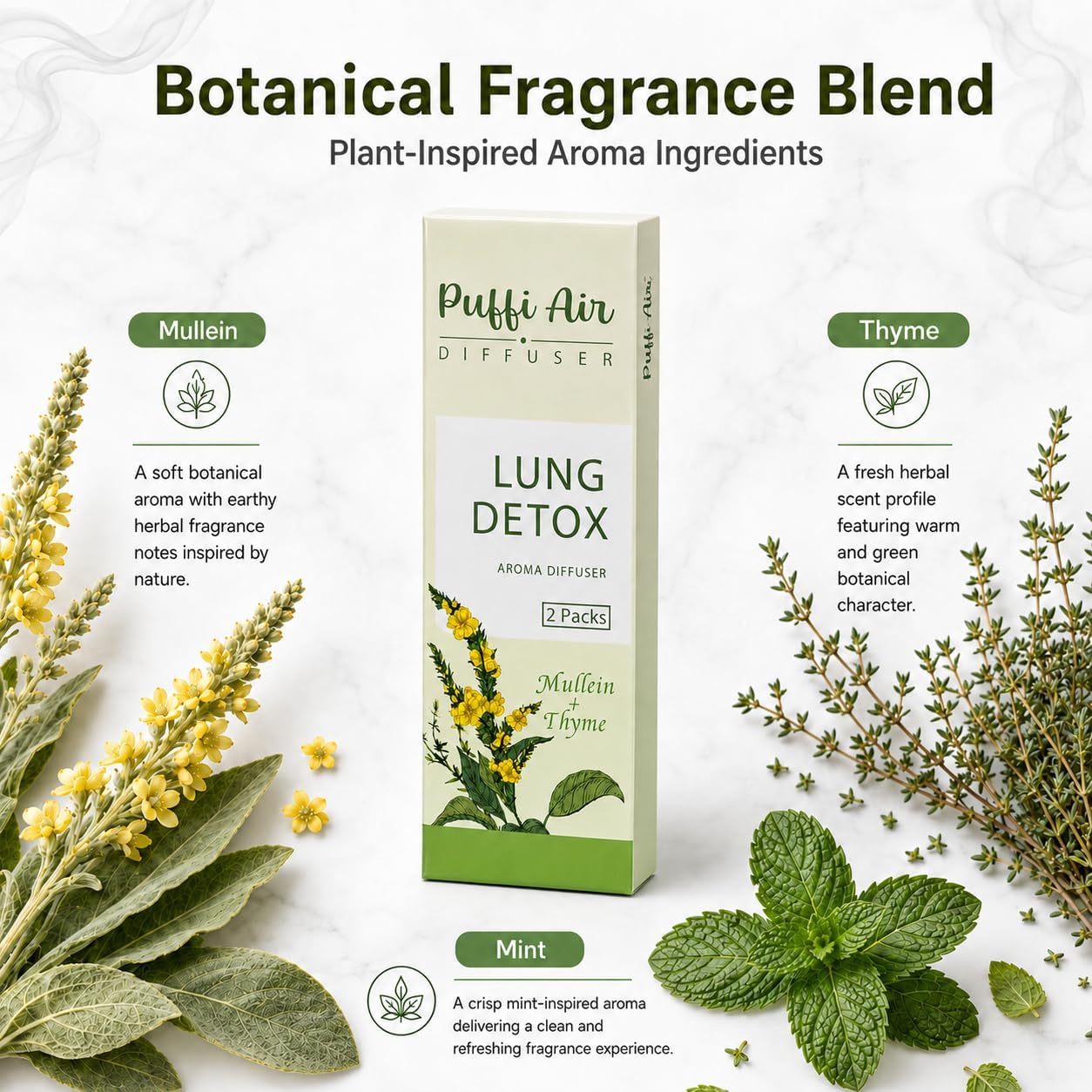 PuffiAir Herbal Sticks, Mullein Botanical Aroma Blends, Portable Non-Electric Air Freshener for Home, Green 10pcs 5Pack