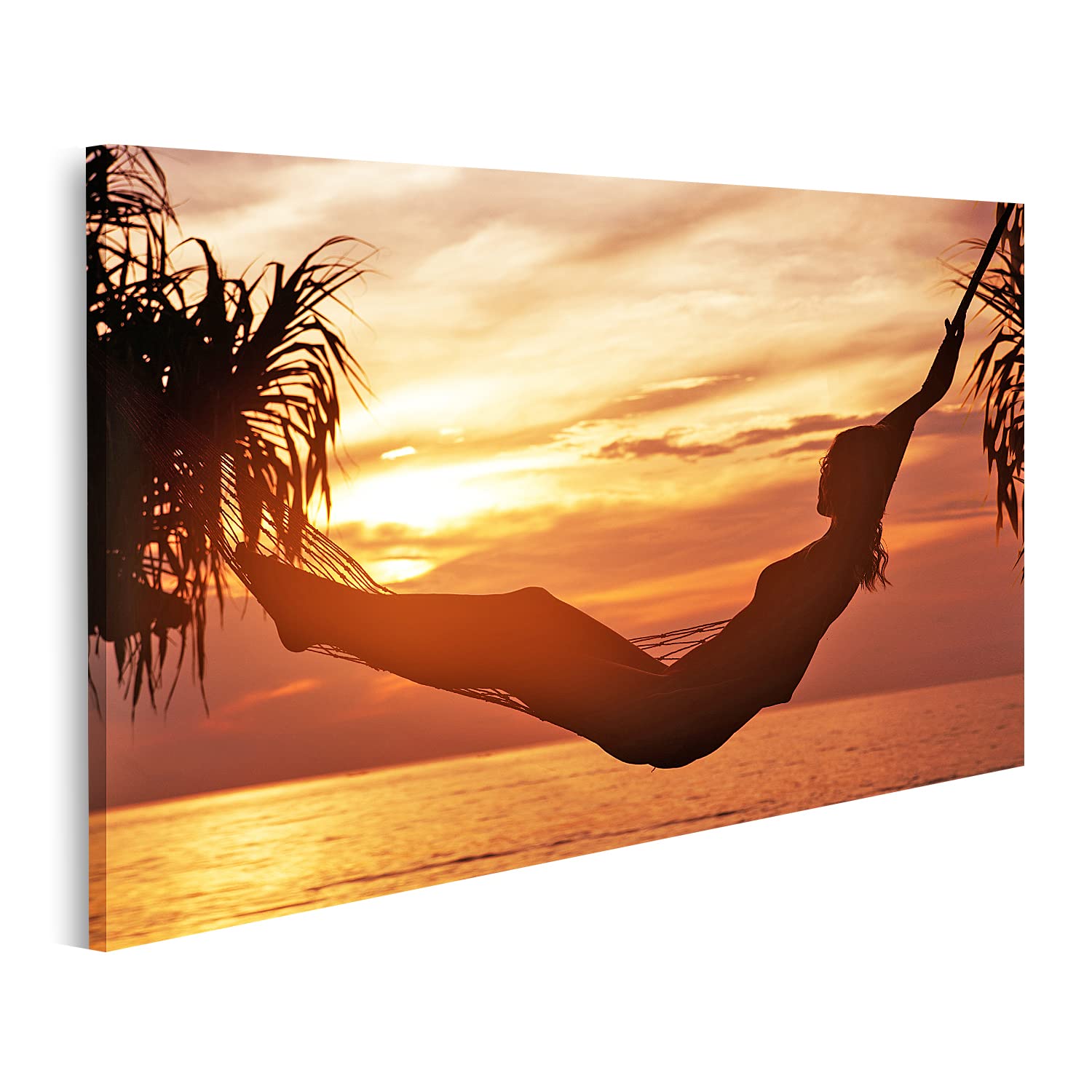 islandburner Bild auf Leinwand Mädchen In Hängematte Am Stand Unter Palmen Sonnenuntergang Bilder Wandbilder Poster
