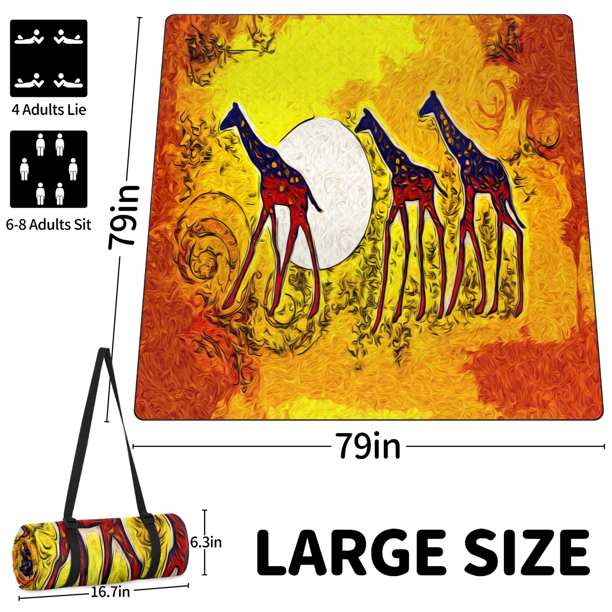 Shimoshe Extra Large Picnic Blankets 79”x 79”, Abstract African Giraffe Waterproof Foldable Picnic Mat with Straps Portable Beach Blanket for Camping Park Grass Beach Indoor