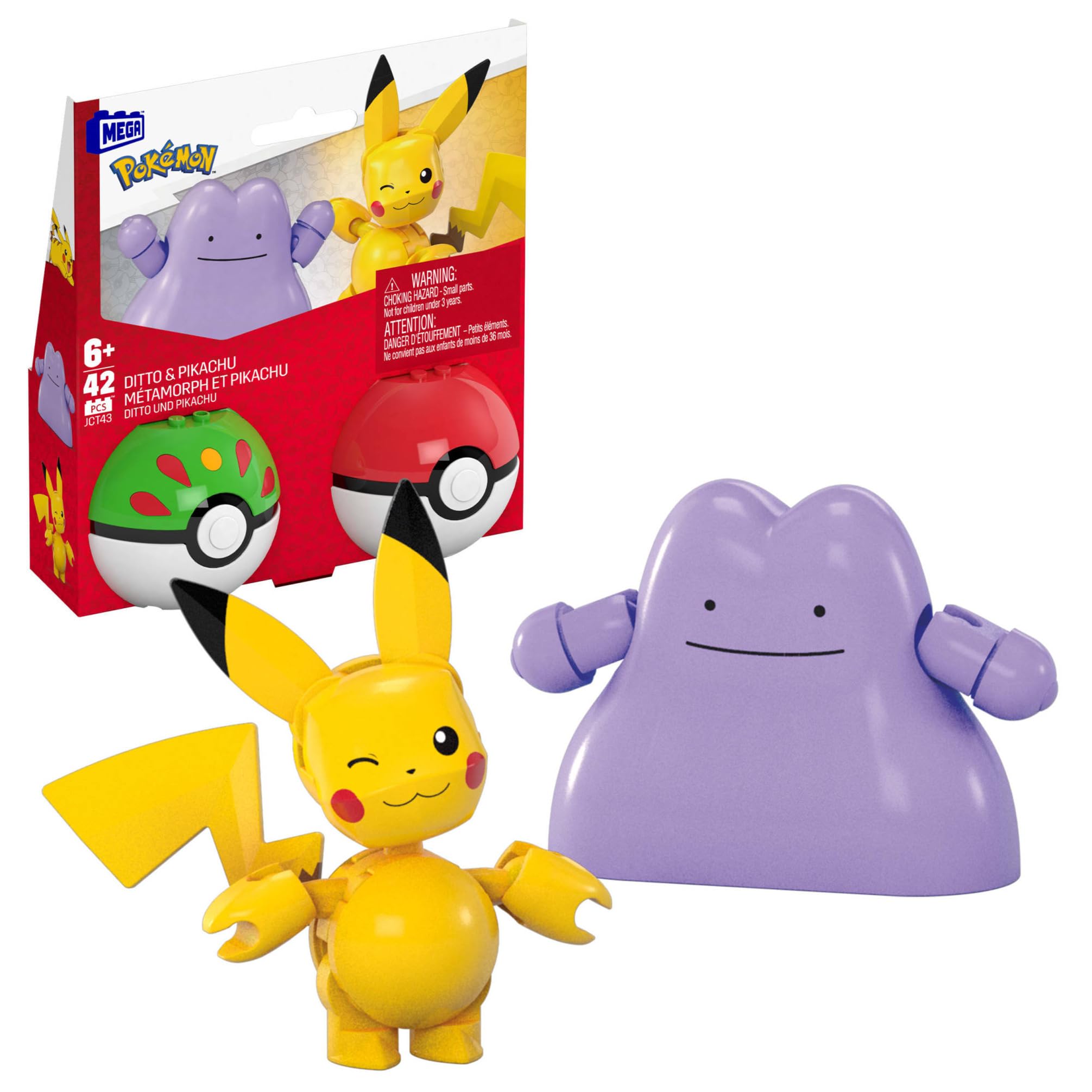 MEGA Pokémon Action Figure Building Toys Set, Poké Ball 2-Pack, Pikachu and Ditto with 42 Pieces, for Kids, JCT43