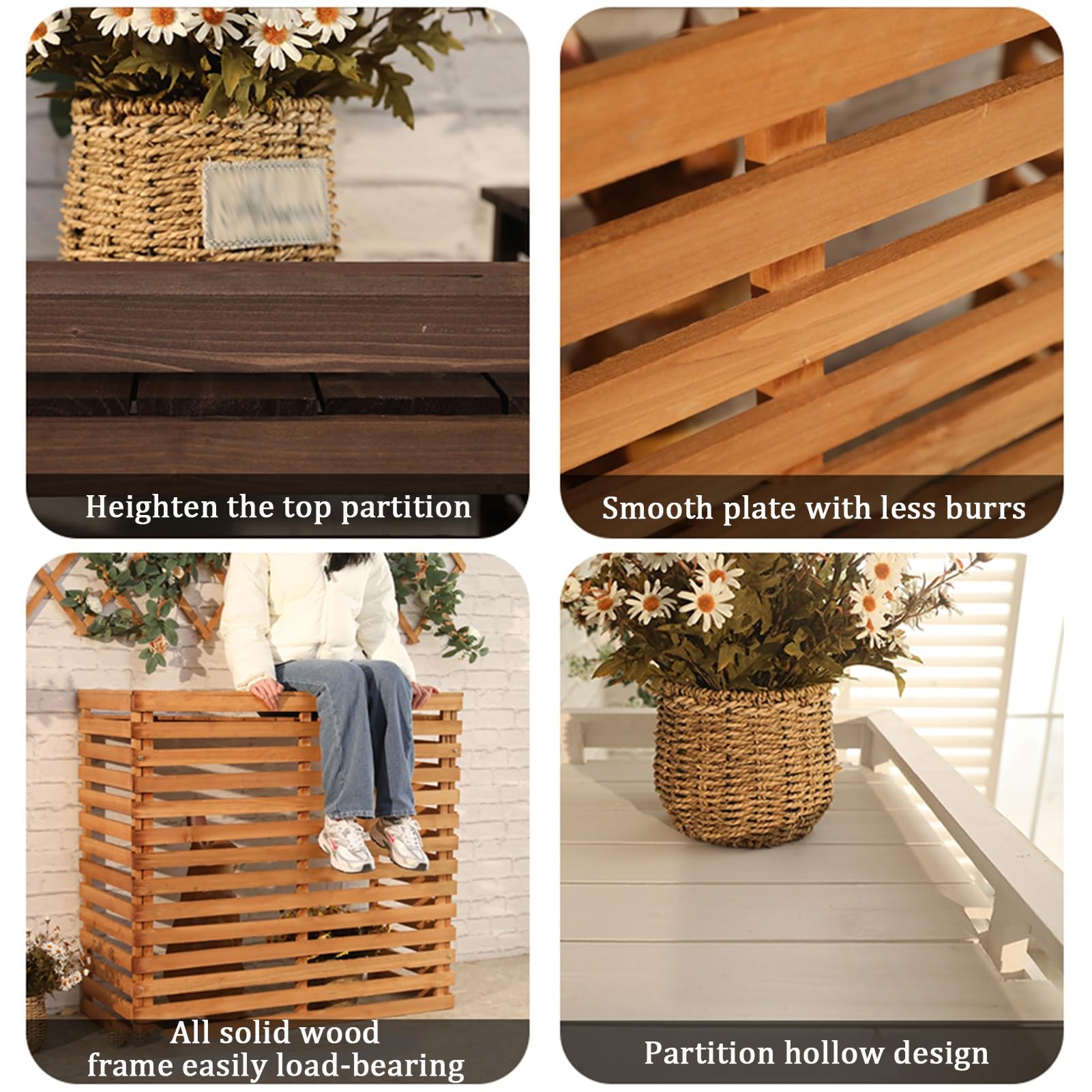 Copri Condizionatore Esterno In Legno - 100x44x93 Cm, Protezione Da Sole E Pioggia, Con Scaffale Per Piante