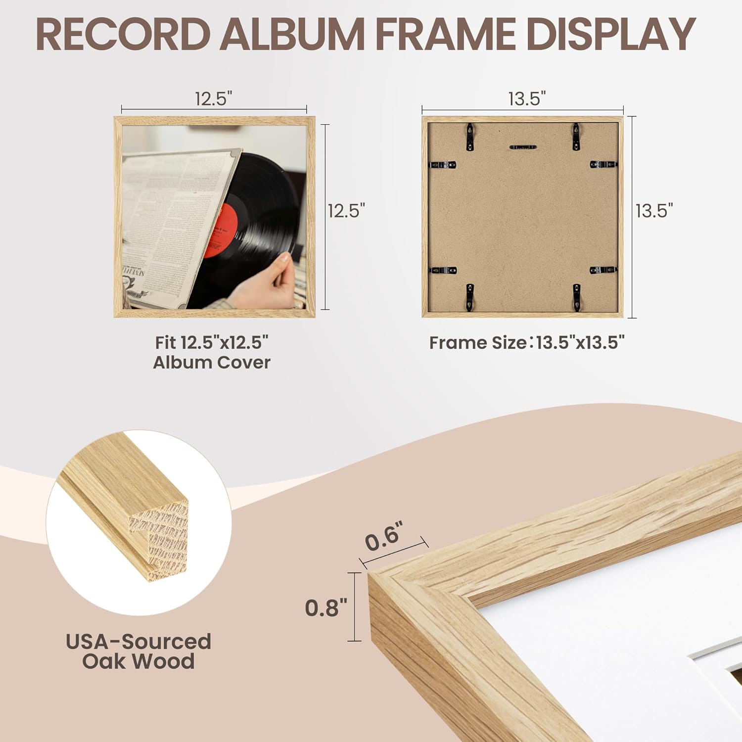 Venusmiles Vinyl Record Frame Natural Oak Wood for 12.5 X 12.5 Inches LP Record Album Disply Frame without Mat, Single Groove, Shatter-Resistant Tempered Glass Cover and Wall Hanging Hardware