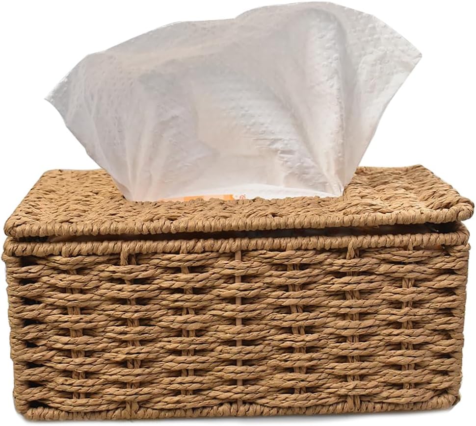 Decorative Woven Rectangle Tissue Box Holder with Easy Flip-Open Top, Bathroom Decor Facial Tissues Cover with Sturdy Paper Rope Material (Khaki Small) image 3