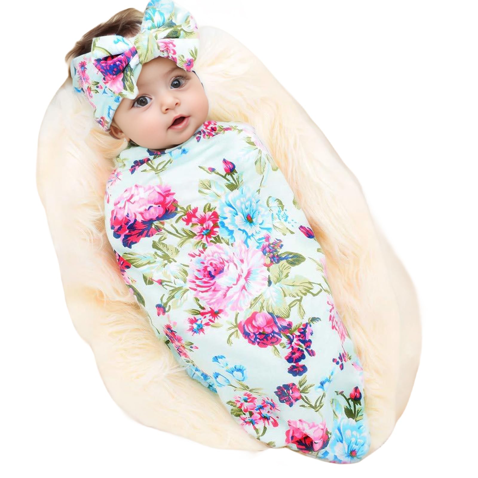 Galabloomer Newborn Receiving Blanket Headband Set Flower Print Baby Swaddle Receiving Blankets Blue Rose