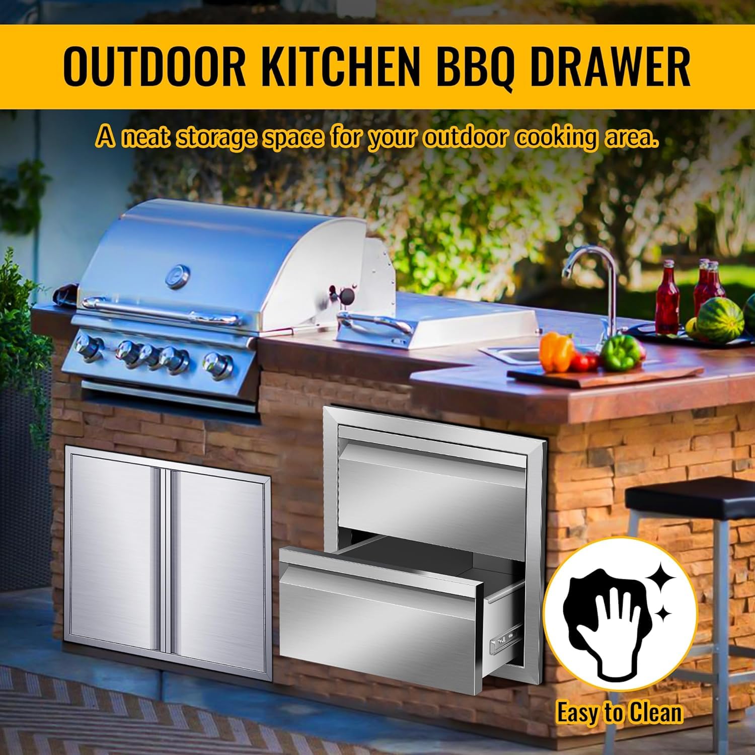 Outdoor Kitchen Drawers, Triple Layer Drawer BBQ Access Drawers with Handle Drawers for Grill Station (18W x 15H x 23D Inch)