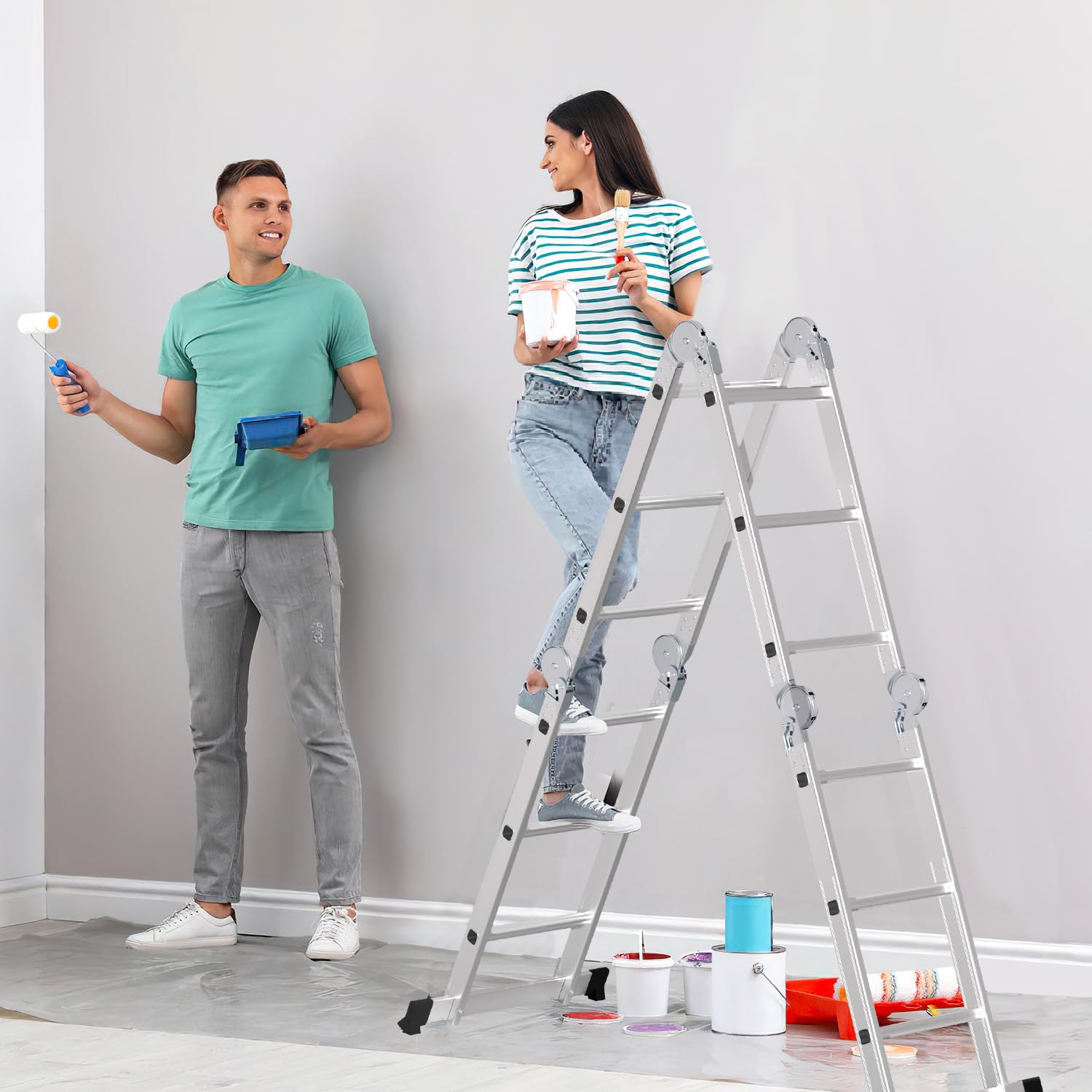 Scala multiuso pieghevole 3,6 m 4 x 3 m in alluminio, 7 in 1, multifunzione, per uso professionale, con 2 piastre ponteggio e 2 ruote, portata fino a 150 kg