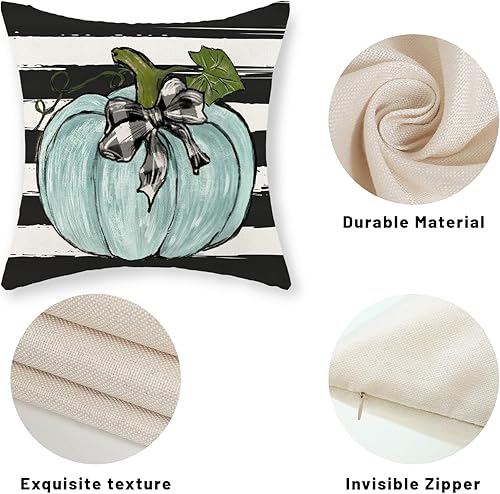 Miniatura 42 de Juego de 2 fundas de almohada de otoño de 18 x 18 pulgadas, hojas de arce de calabaza y búfalo a cuadros, decoración de otoño, de lino, Acción