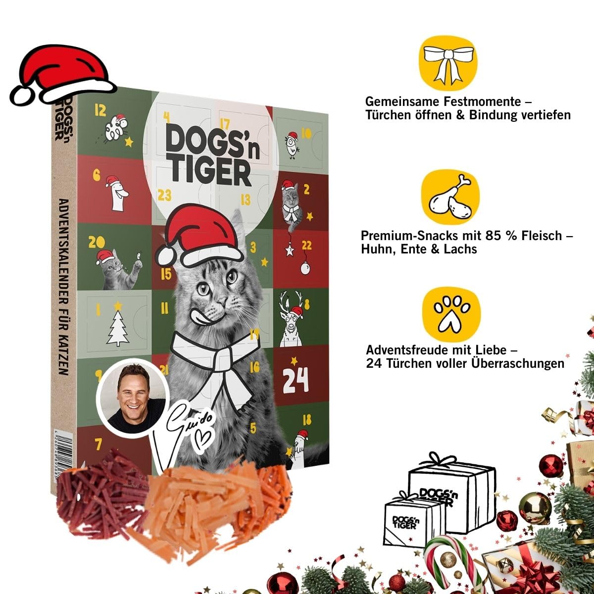 Dogs'n Tiger- Guido Maria Kretschmer – Caja de Navidad Gato "Atún y Camarones" | Edición de regalo limitada con comida húmeda premium | Alto porcentaje de carne y pescado | Sin cereales, sin azúcar