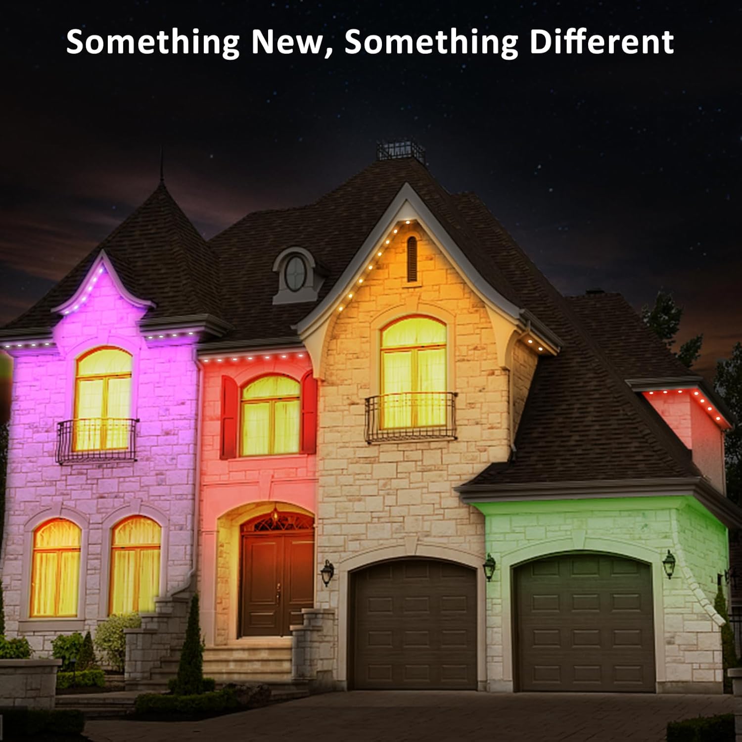 Image showing a house with NOVOSTELLA permanent outdoor lights installed, with rain falling, illustrating the IP65 waterproof feature.