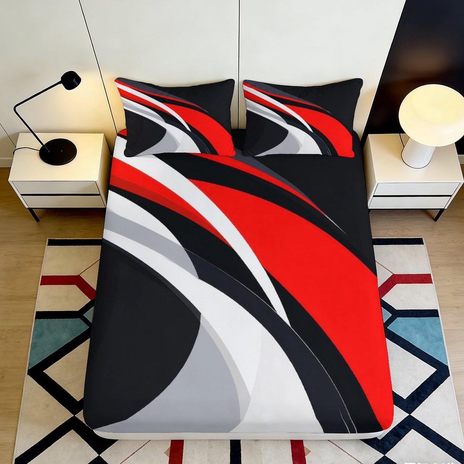3D Printed red black wave Fitted Sheet, soft touch Microfiber, wrinkle resistant, modern bedroom decor, apartment bedding, easy care, mattress protector, guest room use, 180x200x25cm
