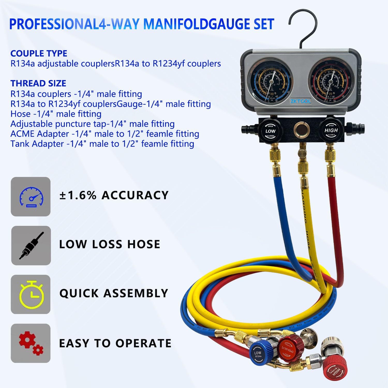 ZKTOOL AC R1234YF R134A Gauge Set, Automotive 4 Valve Manifold Gauge,6PC Refrigerant Adapter Compatible with R1234YF R134A and R404A R410A R22 Refrigerant,Works on Car Freon Charging and Evacuation.