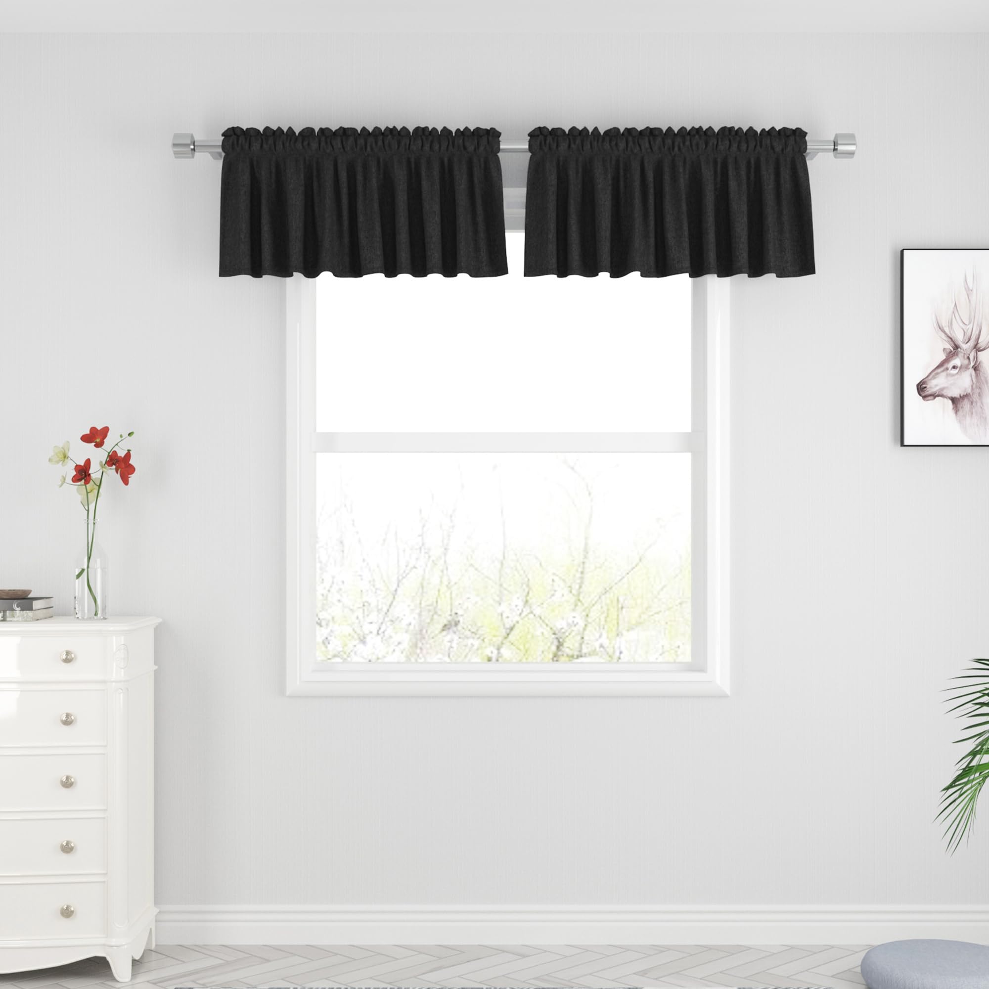 UPOPO Black Kitchen Tiers Over Sink Curtains Privacy Linen Textured 16 inch Length Cafe Curtains Short Bathroom Small Mini Caravan Basement Half