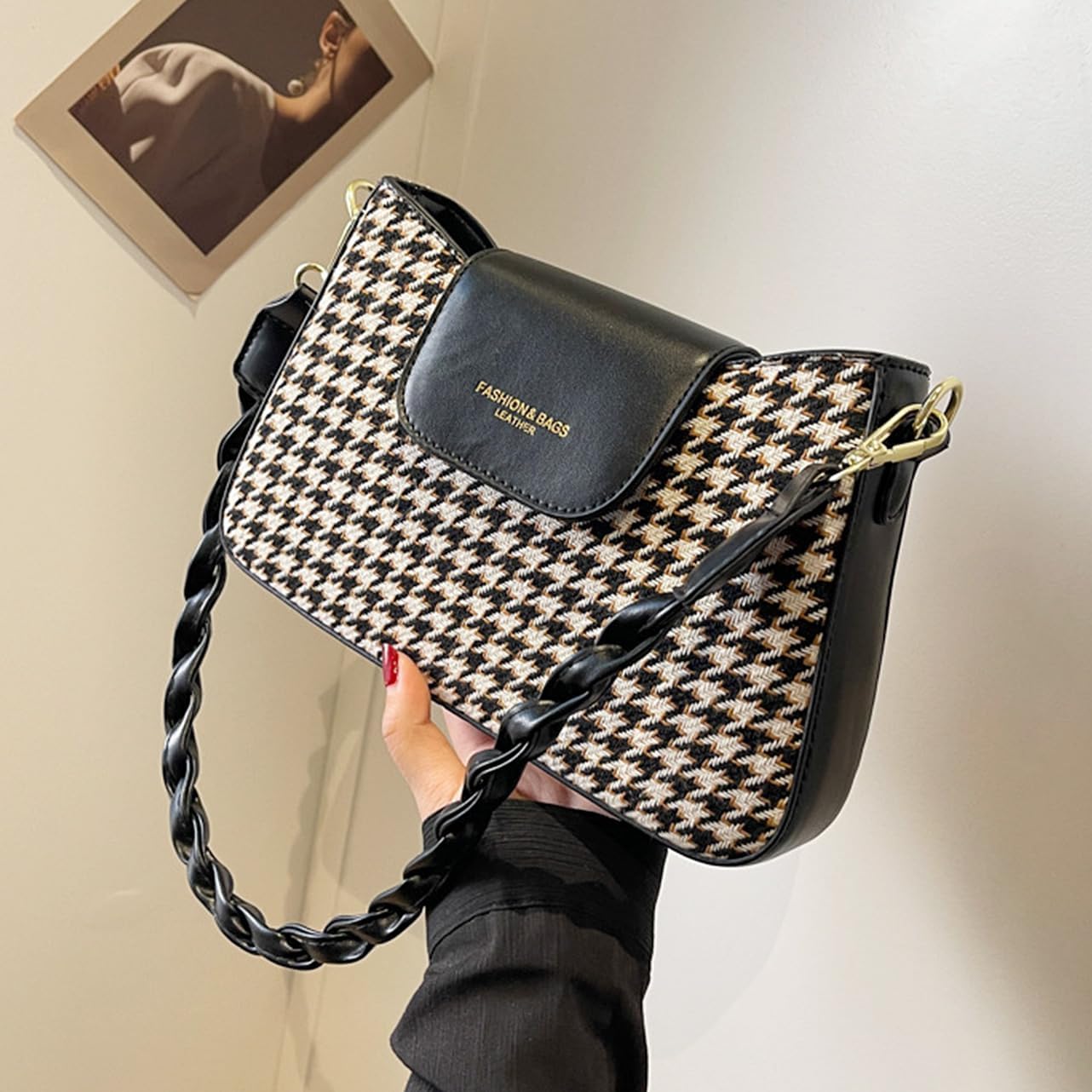 RTGGSEL Star Houndstooth Checkered Pattern Shoulder Bags for Women Crescent Crossbody Hobo Handbag Y2K Underarm Purse