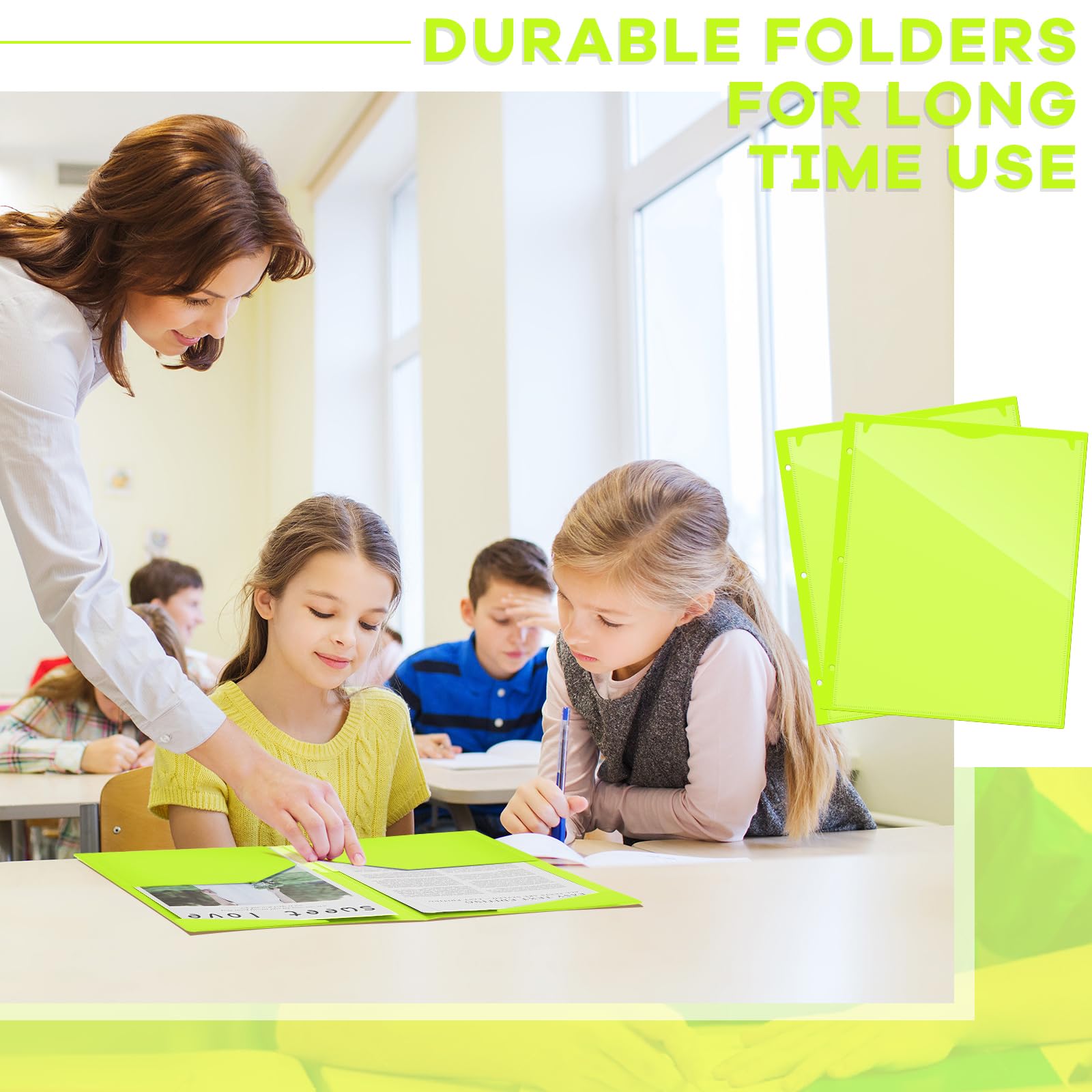 Henoyso 60 Pcs 2 Pocket Plastic Folders with Clear Front Pocket 3 Hole Punched File Folder Letter Size Take Home Documents Holder for Paper Holder Office Business Back to School Supply (Shiny Green)