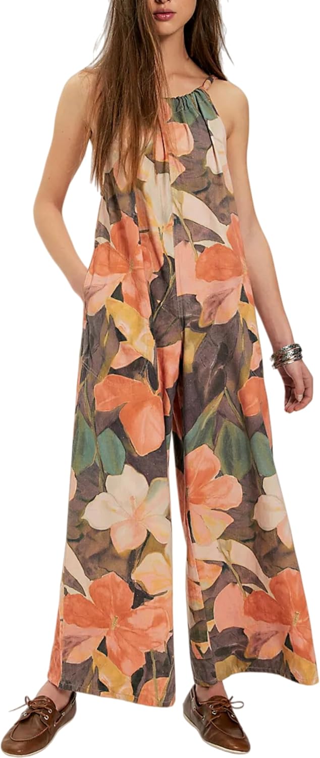 UANEO Women's Jumpsuit Cotton Linen Wide Leg Adjustable Strap Floral Print Bohemian Overall Beach One Piece with Pockets