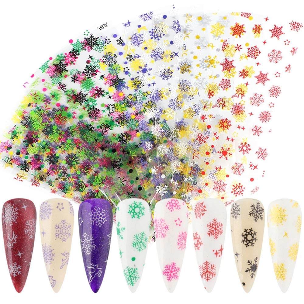 Macute Snowflake Nail Art Foils Set, 10Pcs Winter Christmas Colorful Snow Transparent Bottom Nail Foil Stickers Manicure Phototherapy Adhesive Transfer Paper Nail Supplies DIY Design Nail Accessories