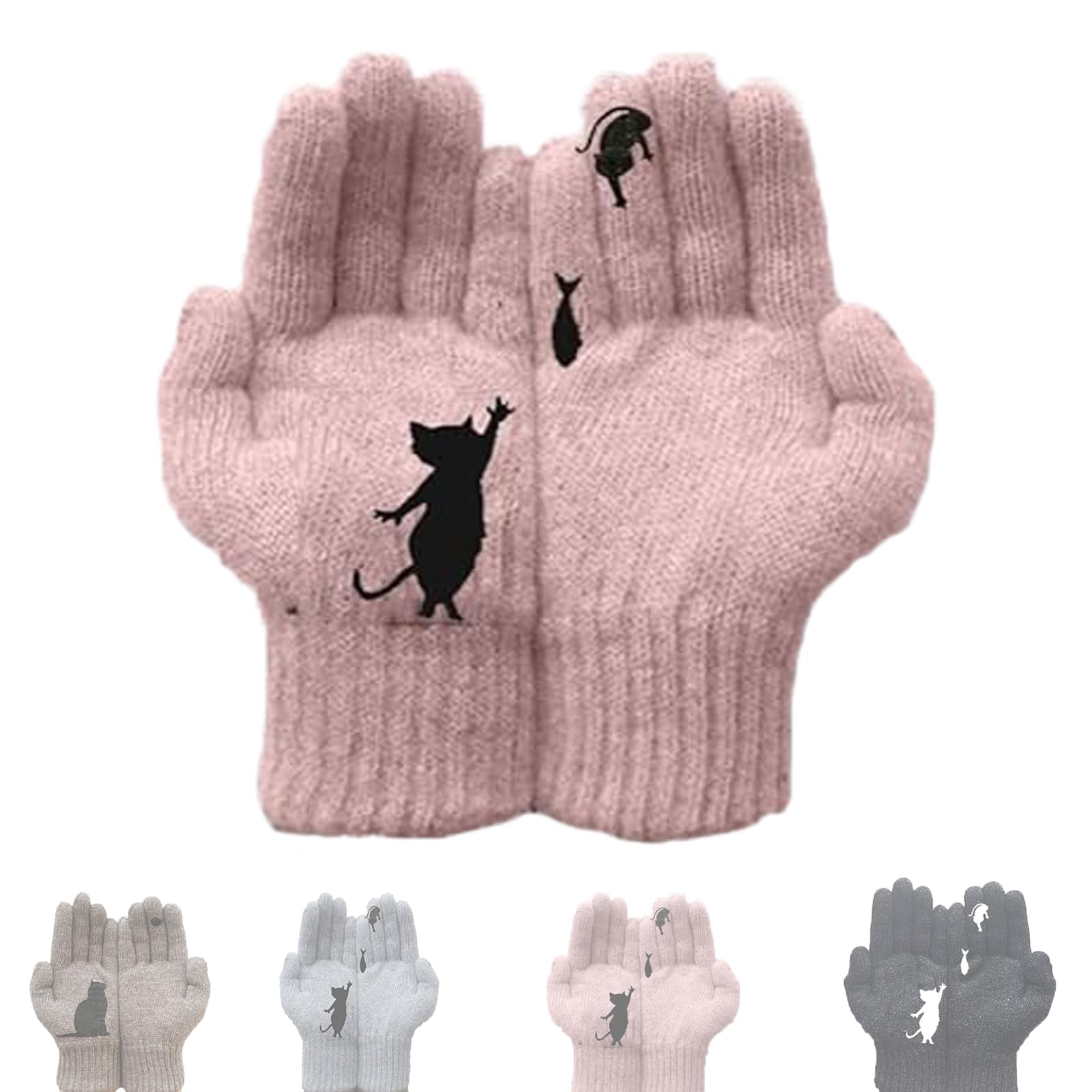 Busgiuar Women's Pink Cat Fan Cotton Gloves,Cat Bird Print Gloves,Winter Mitten Thermal Knitted Full Fingers Gloves (Pink)