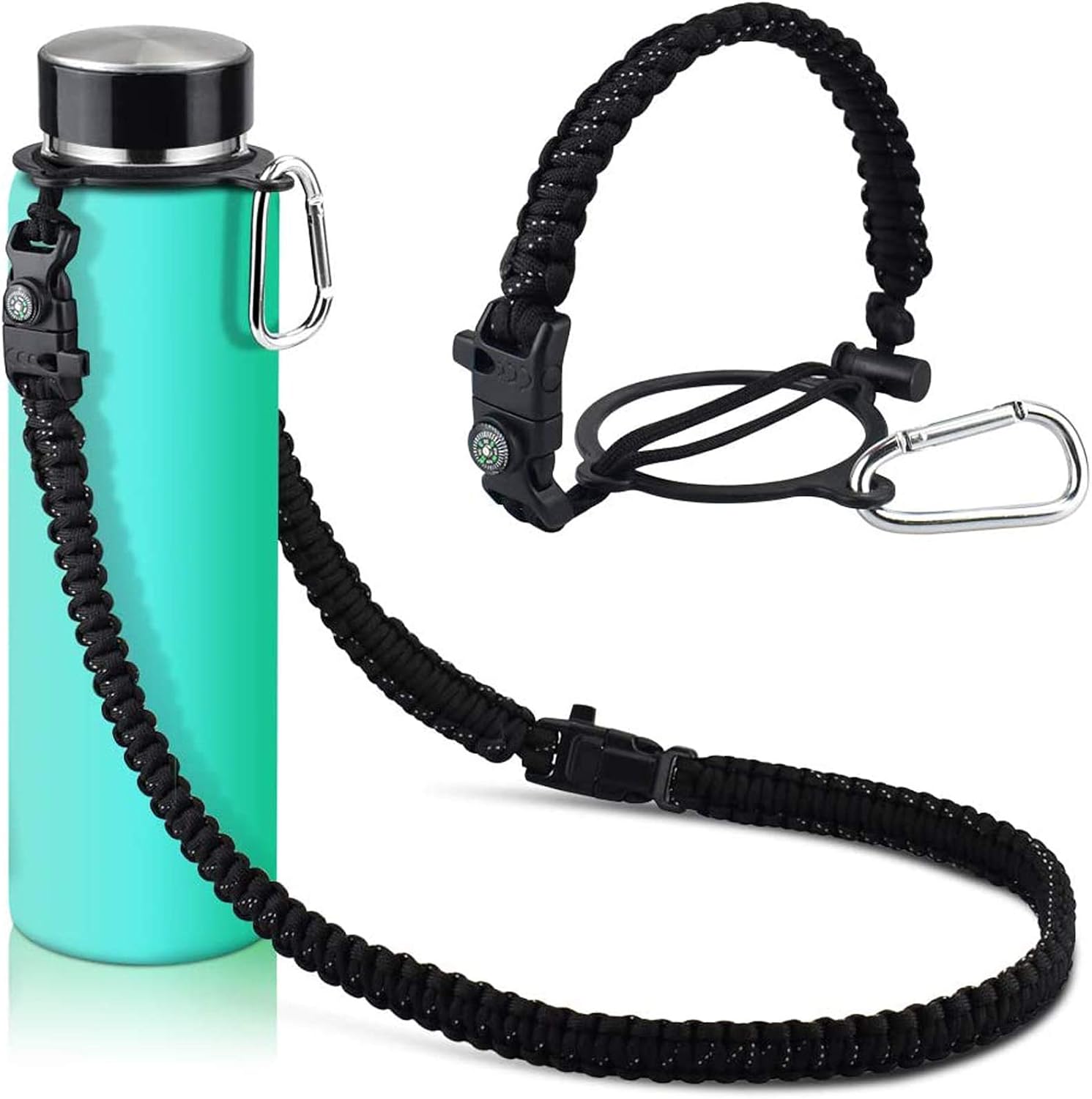 KATUMO Paracord Handle with Long Shoulder Strap for Hydro Flask, Fits for 12oz - 64oz Wide Mouth Bottles(Not for The New Hydro Flask 2.0), with Safe Ring, Fire Starter, Whistle, Compass, Snap Hook