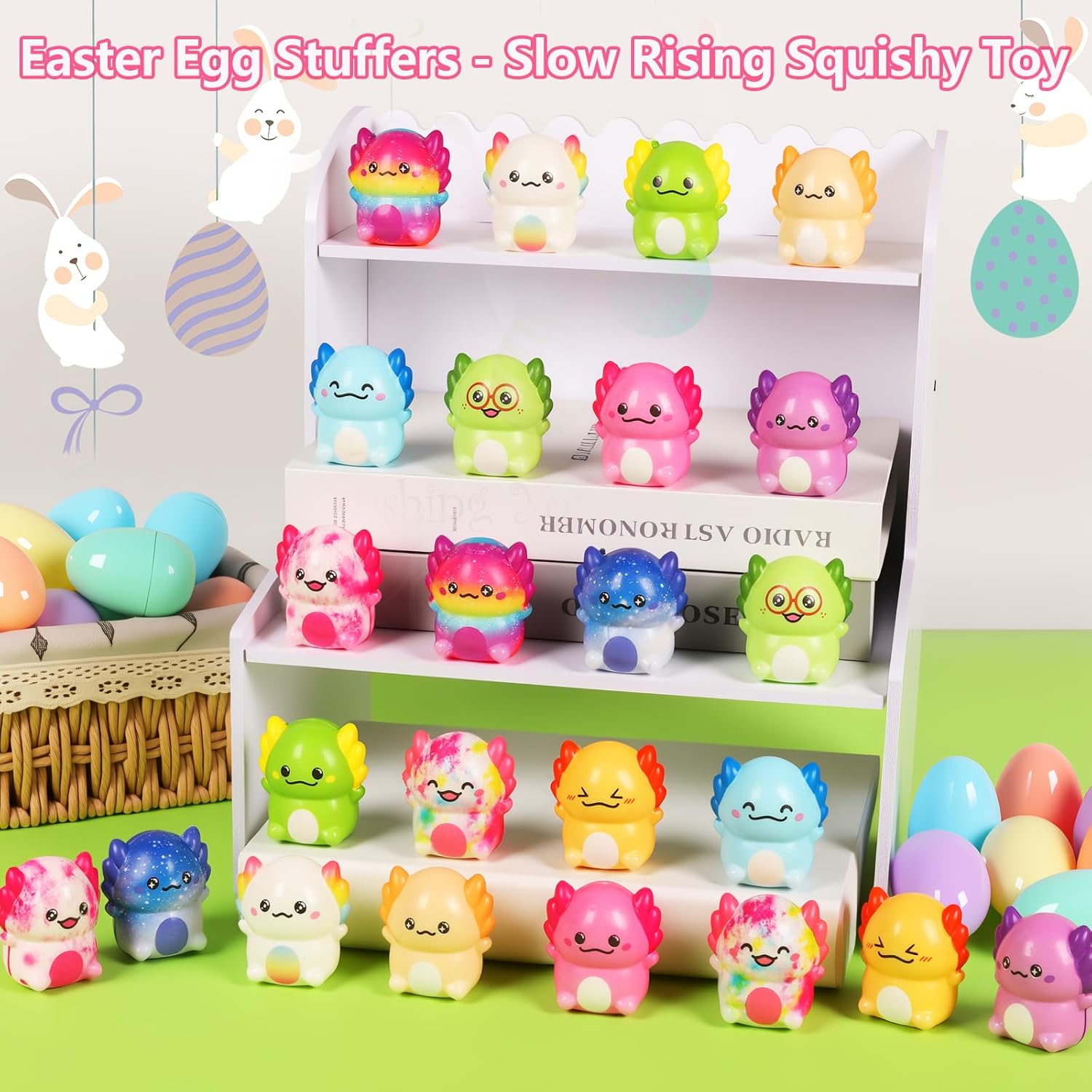 Prefilled Easter Eggs with Toys for Kids Toddlers Bulk - Pre Filled Axolotl Easter Squishy Animal Stuffers Stuffed Egg Hunt Prizes