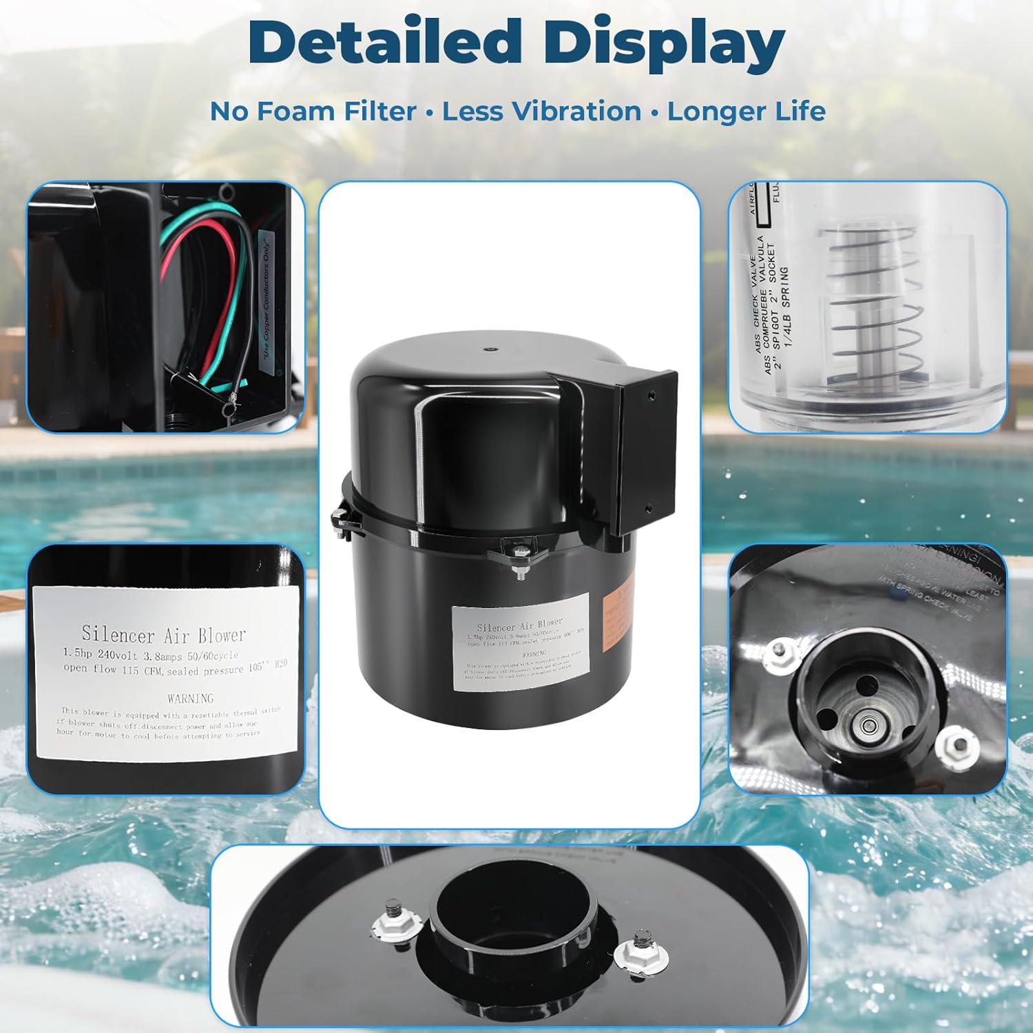 6316220F Silencer Spa Blower 1.5 HP 240 Volt 3.8 Amps Replacement for Air Supply, for use with 2 inch Plumbing, Quiet and Shock-Absorbing, Easy Installation, for Pool Hot Tub & Spa