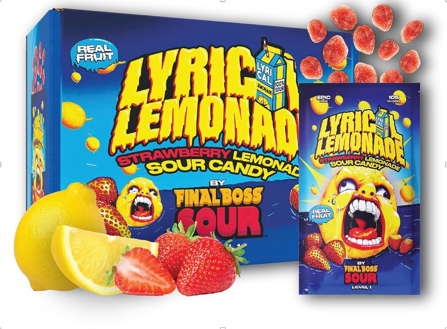 FINAL BOSSSour and Lyrical Lemonade, Super Sour Strawberry Lemonade Candy (12 Single Serve Bags) - Real Dried Strawberries with Sour Lemon Powder