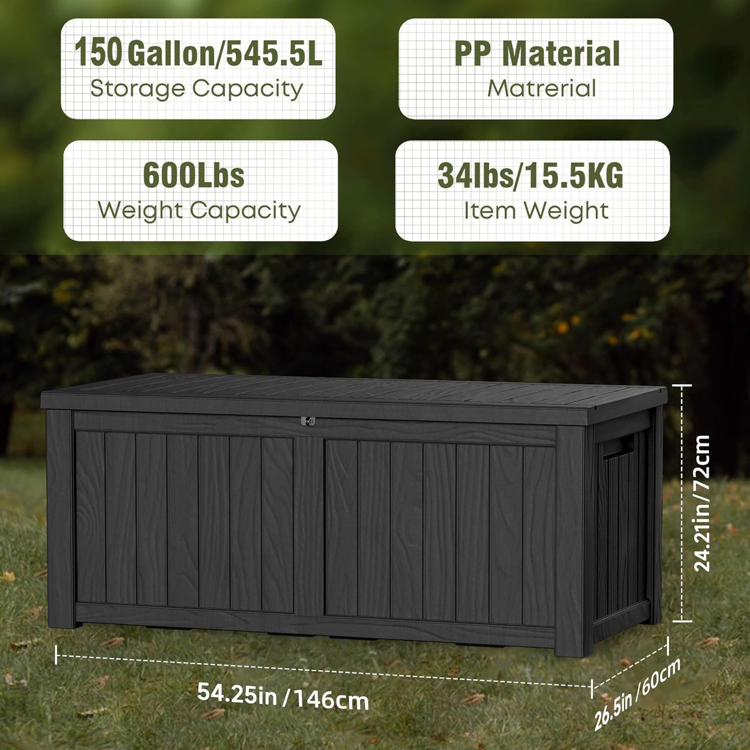 150 Gallon Waterproof Outdoor Storage Box,Resin Deck Box,Lockable Outside Storage Box Container for Patio Furniure,Garden,Tools (150 Gallon,Black) - Image 5