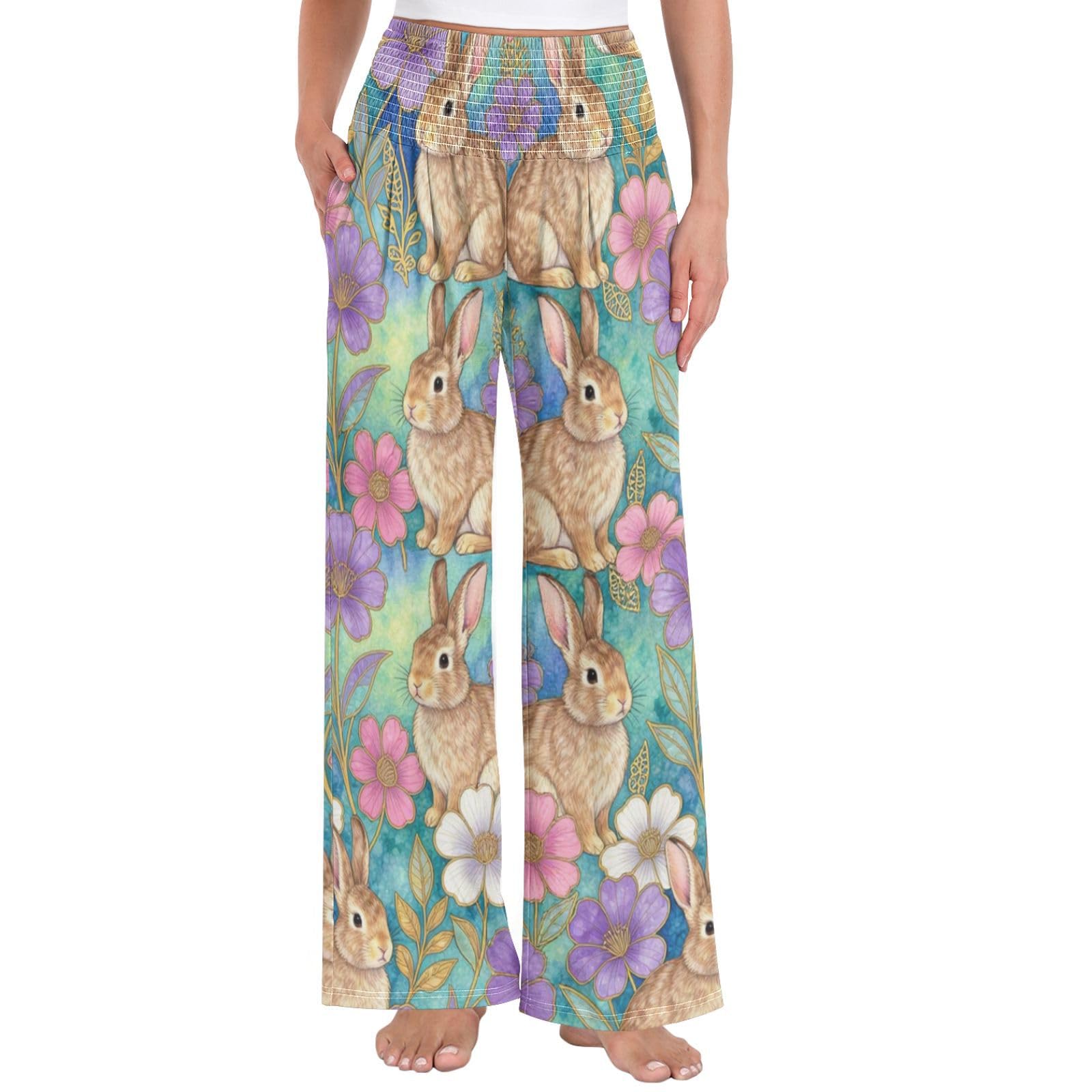 Rabbit Bloom - Pantalones largos casuales para mujer, ligeros, elásticos, ropa de descanso