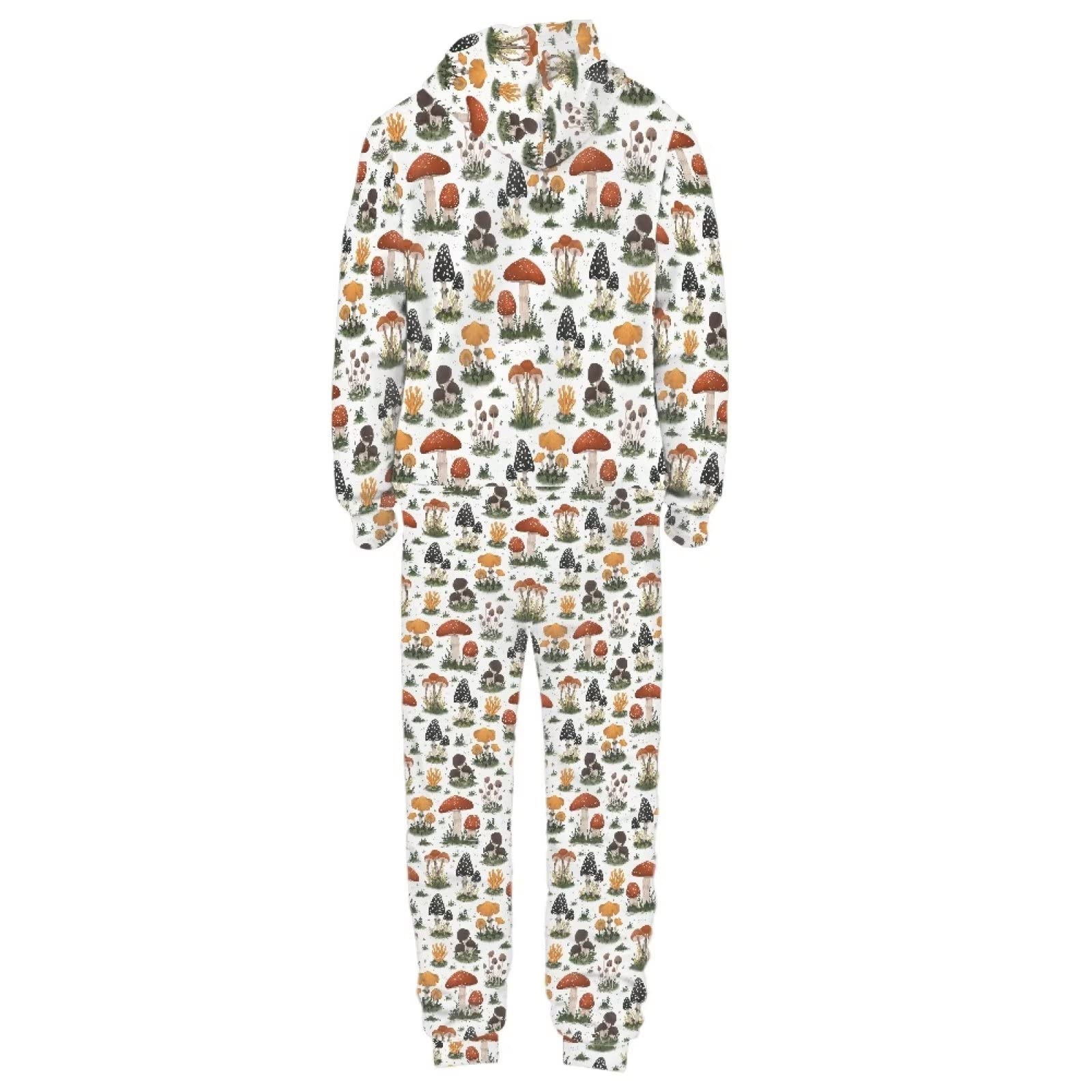 POLERO Pijamas Enteros de una pieza de vaca con cremallera para mujeres y hombres, ropa de dormir con bolsillo y cordón con capucha, Setas, S