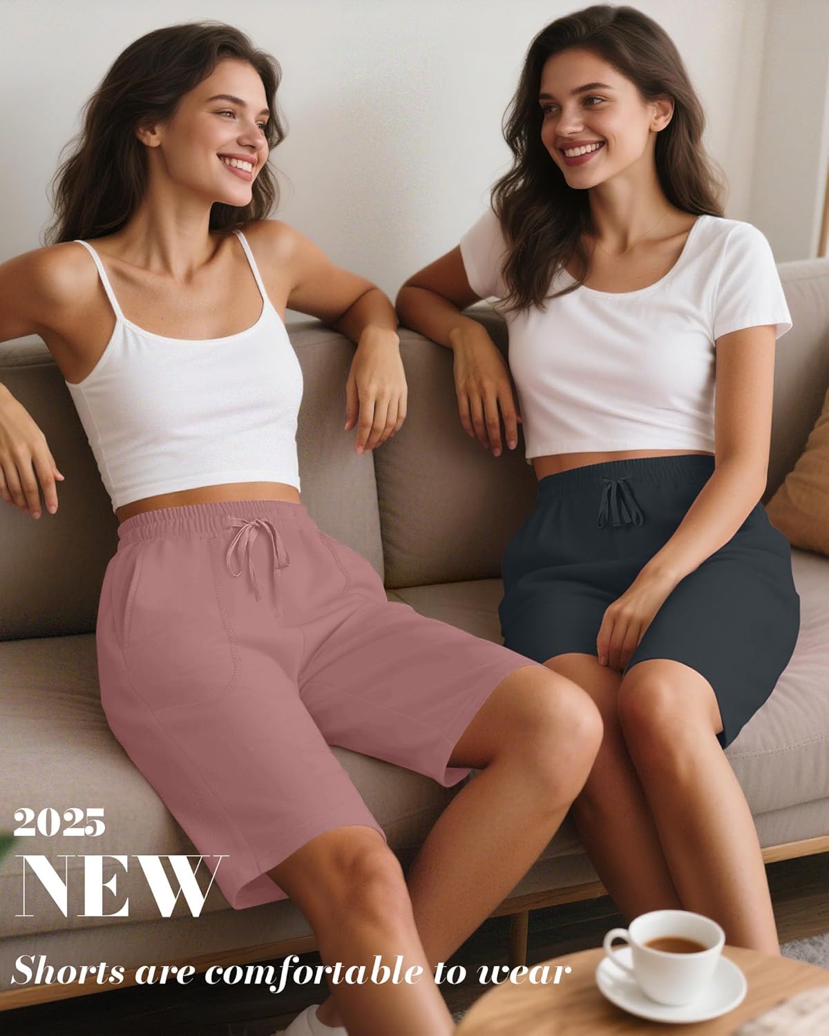 Riyiper 3 Pack Women's Bermuda Athletic Shorts High Waist Drawstring Sweat Knee Length Bottoms with Pockets - Image 2